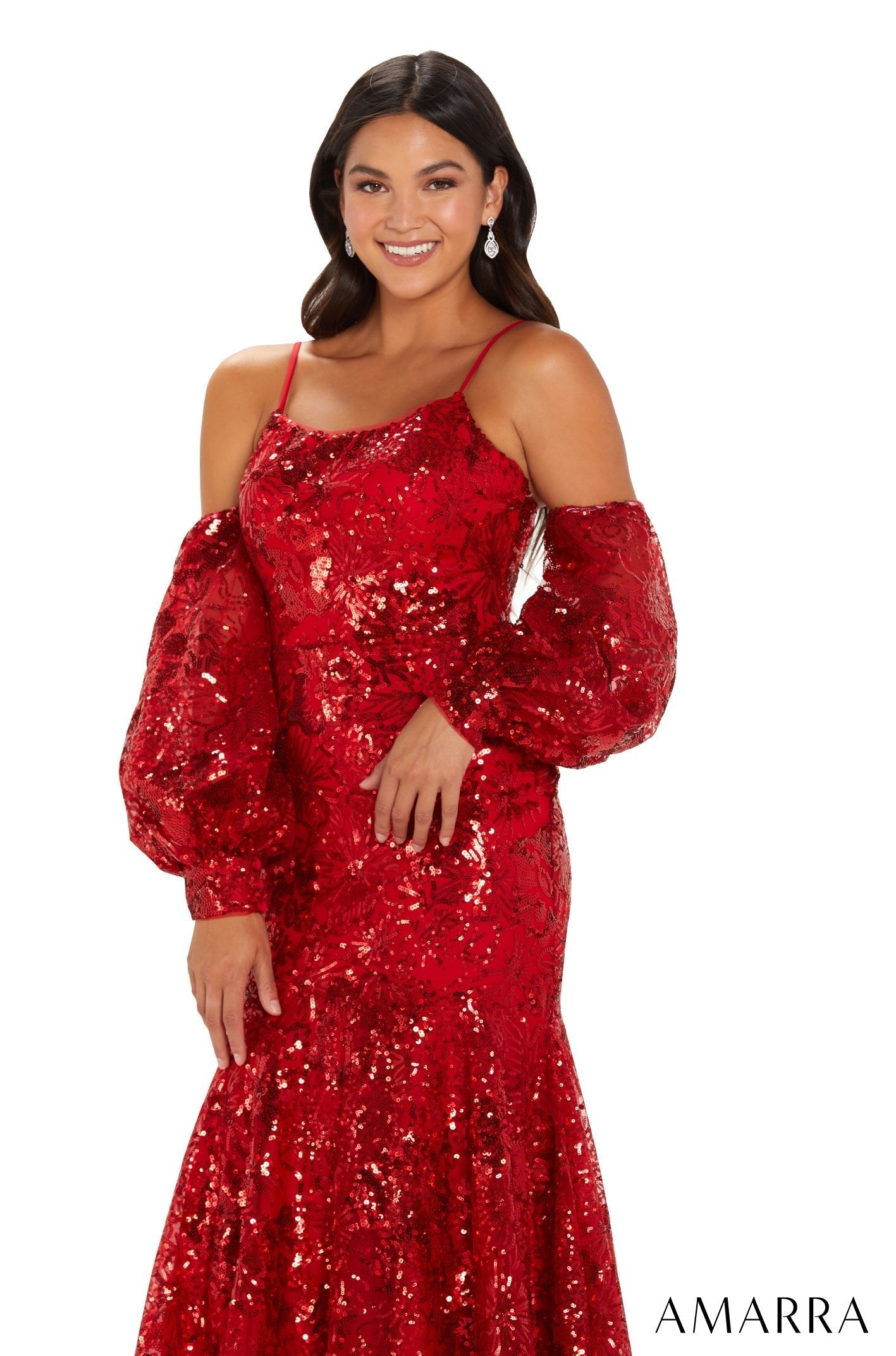 Red Scoop Neck Floor-Length Sequin Prom Dress with Puff Sleeves and Mermaid Skirt Amarra 88565