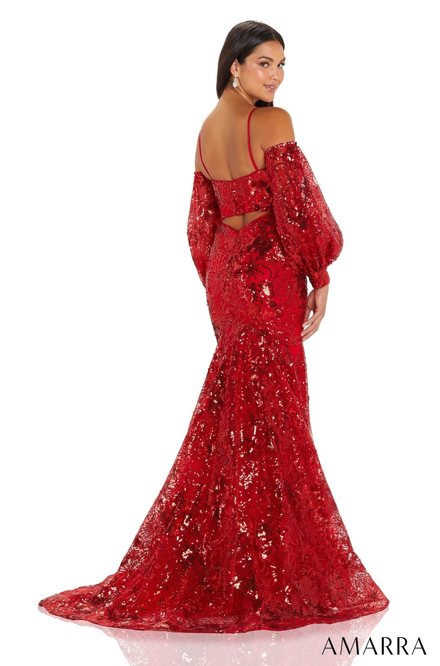 Red Scoop Neck Floor-Length Sequin Prom Dress with Puff Sleeves and Mermaid Skirt Amarra 88565