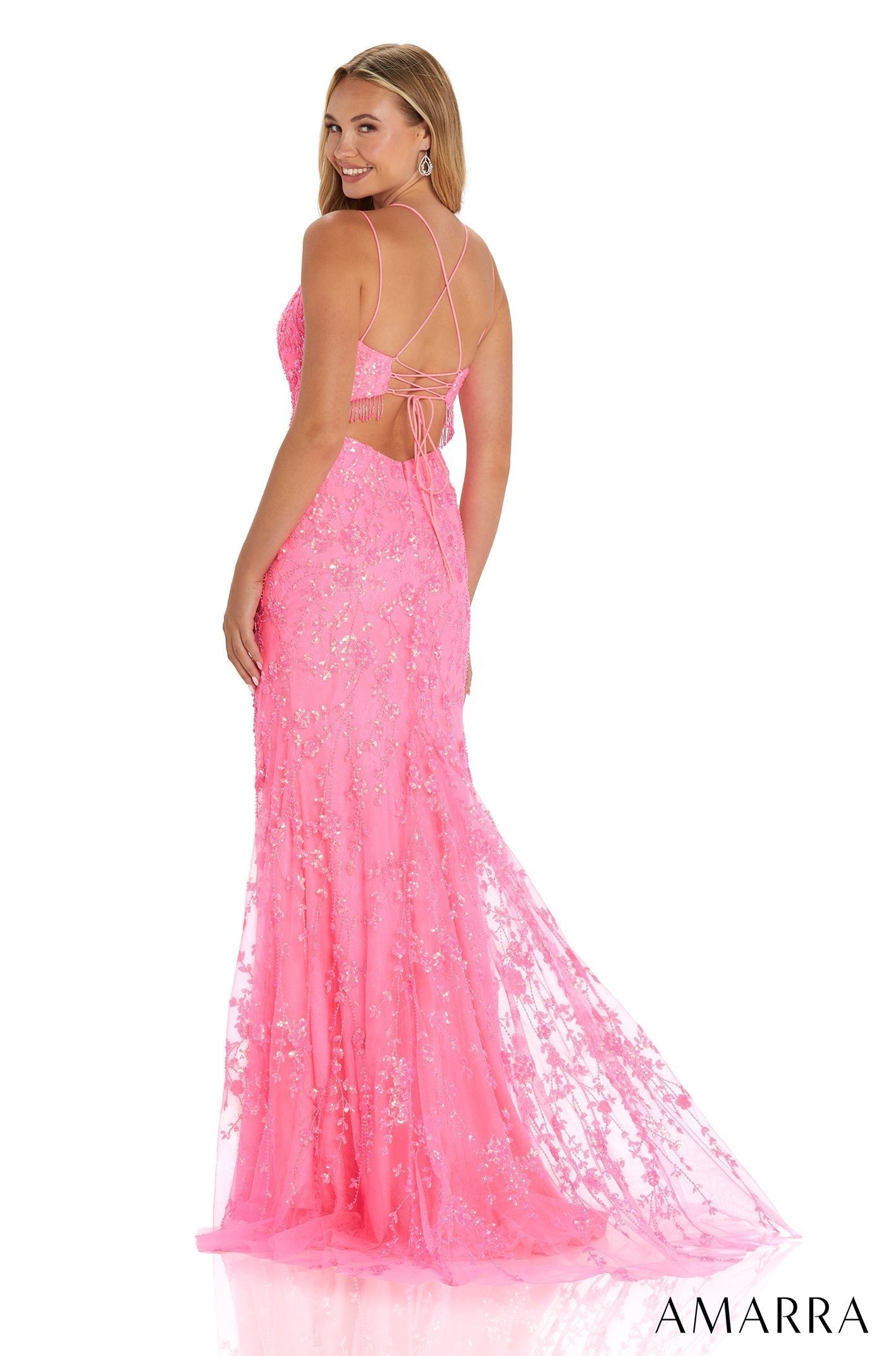 Neon Pink Scoop Neck Floor-Length Mesh Prom Dress with Beaded Embroidery and High Slit Amarra 88568