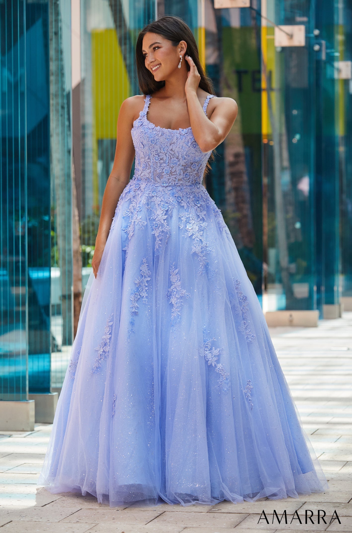Periwinkle Scoop Floor-Length Tulle Prom Ball Gown with Lace Appliqué Amarra 88570