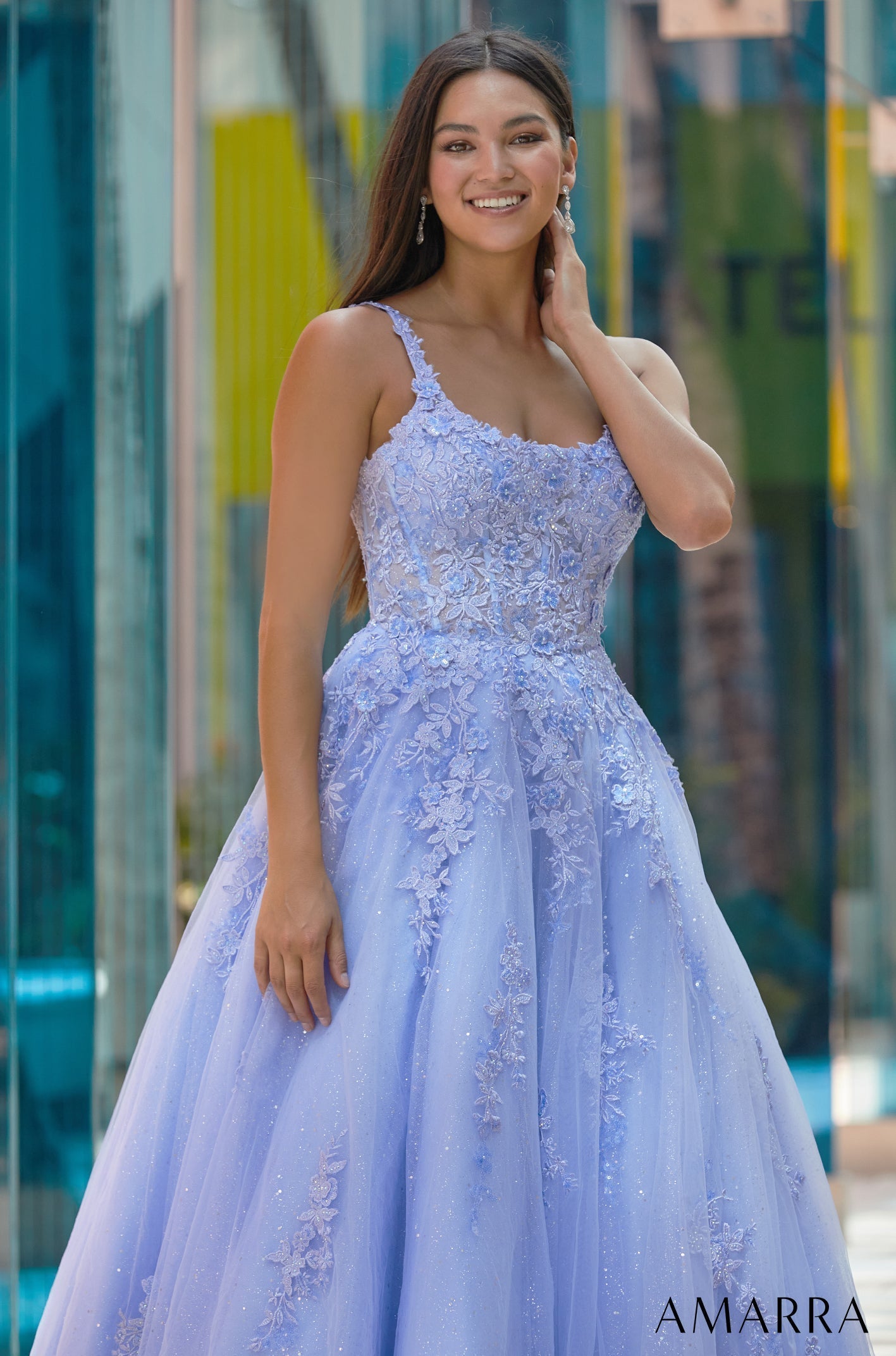 Periwinkle Scoop Floor-Length Tulle Prom Ball Gown with Lace Appliqué Amarra 88570