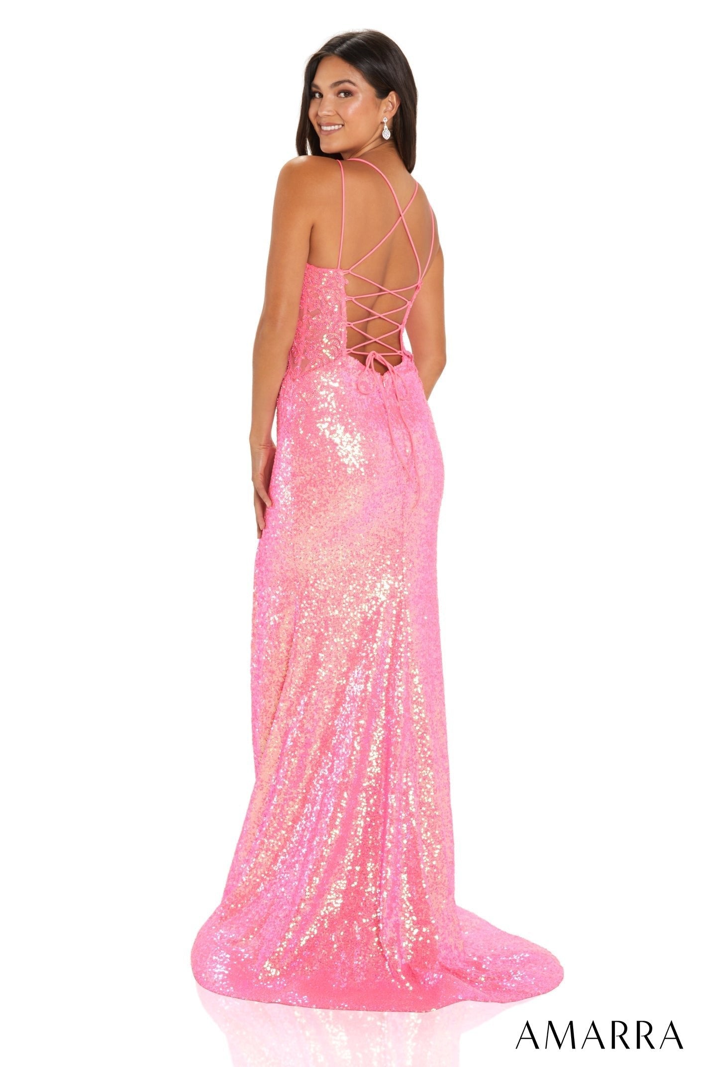 Neon Pink V-Neck Floor-Length Sequin Prom Dress with High Slit Amarra 88576