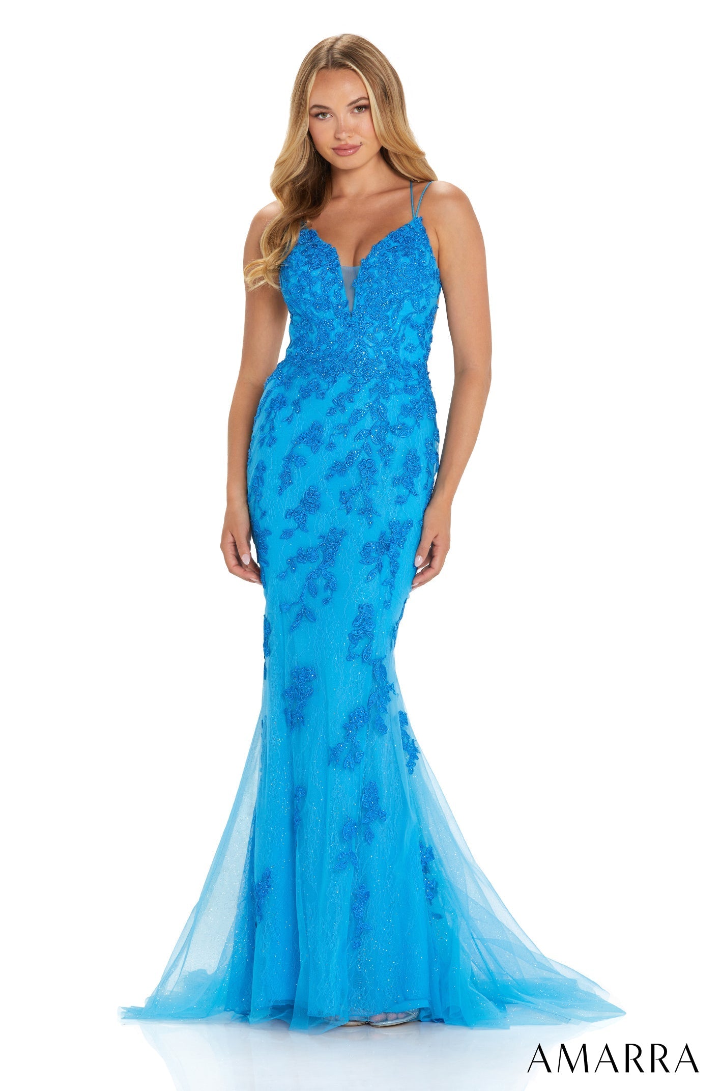 Peacock Plunging V-Neck Floor-Length Tulle Prom Dress with Lace Appliqué and Lace-Up Back Amarra 88588