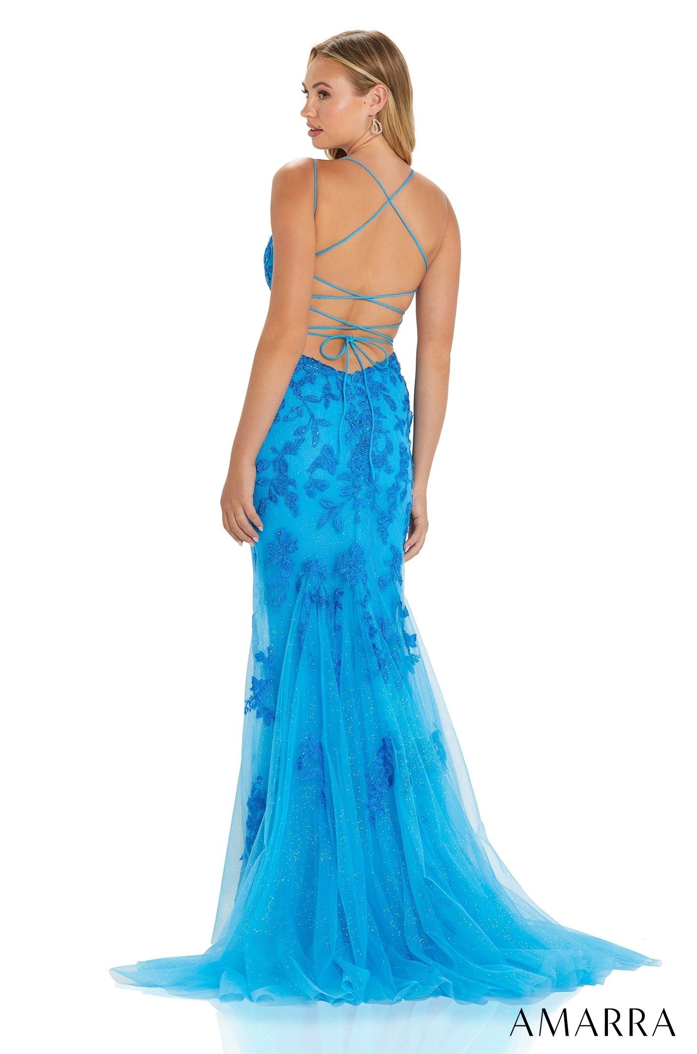 Peacock Plunging V-Neck Floor-Length Tulle Prom Dress with Lace Appliqué and Lace-Up Back Amarra 88588