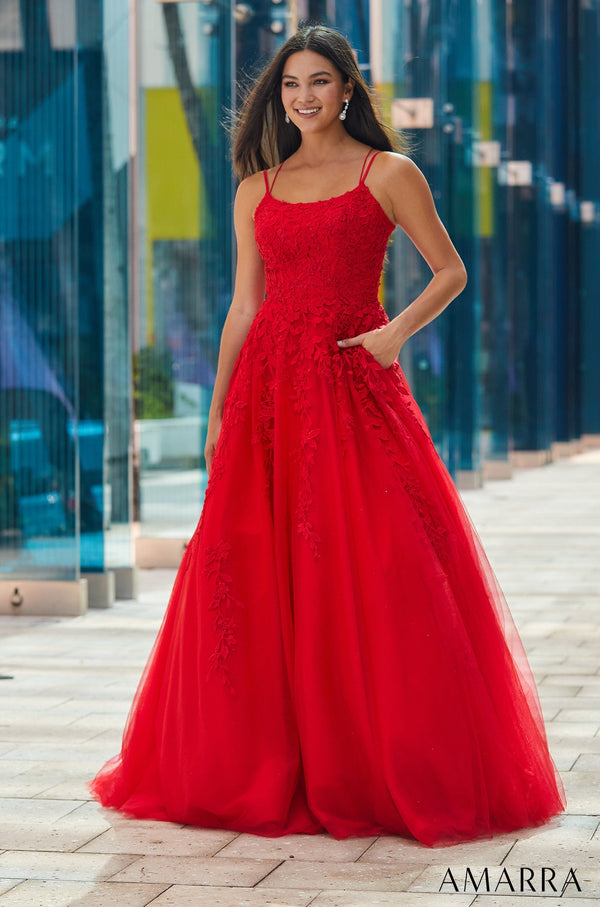 Scoop Neck Floor-Length Tulle Prom Ball Gown with Appliqué Amarra 88592
