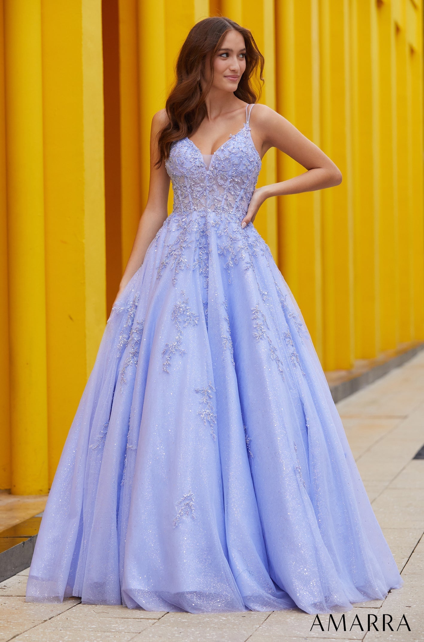 Periwinkle V-Neck Floor-Length Tulle Prom Ball Gown with Appliqué Amarra 88594