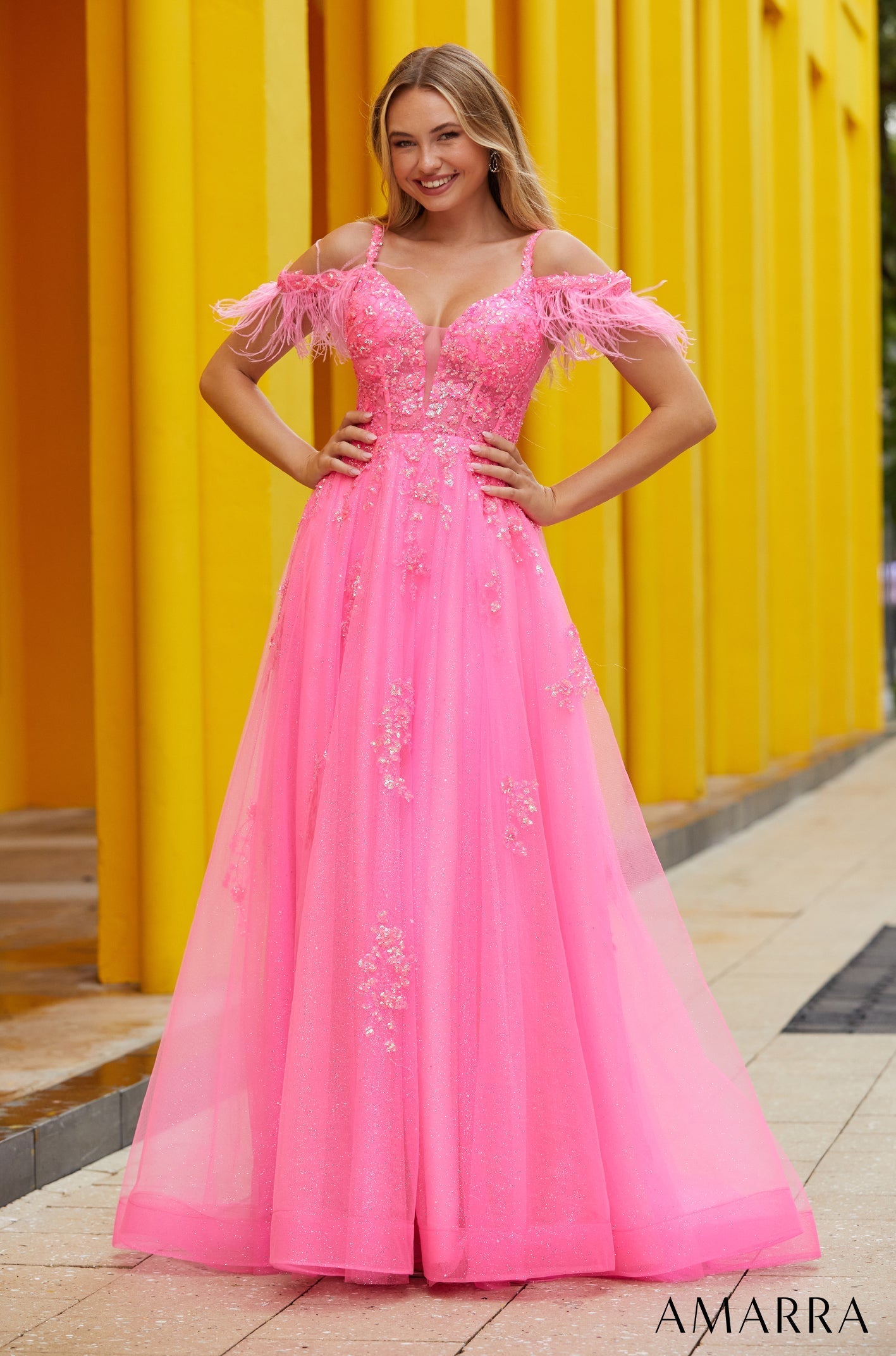 Neon Pink Sweetheart Floor-Length Tulle Prom Ball Gown with Feather Sleeves and Appliqué Amarra 88597