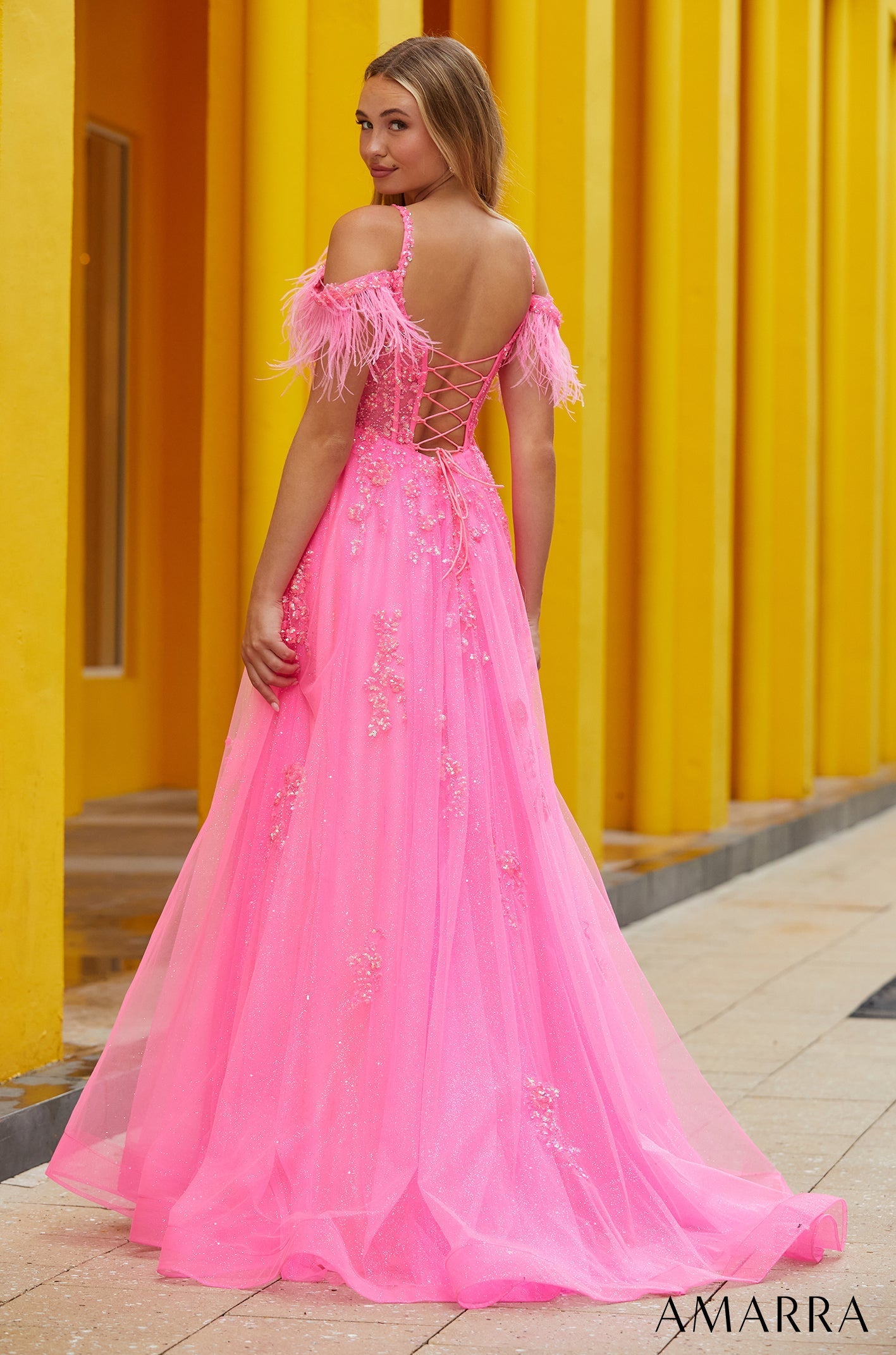 Neon Pink Sweetheart Floor-Length Tulle Prom Ball Gown with Feather Sleeves and Appliqué Amarra 88597