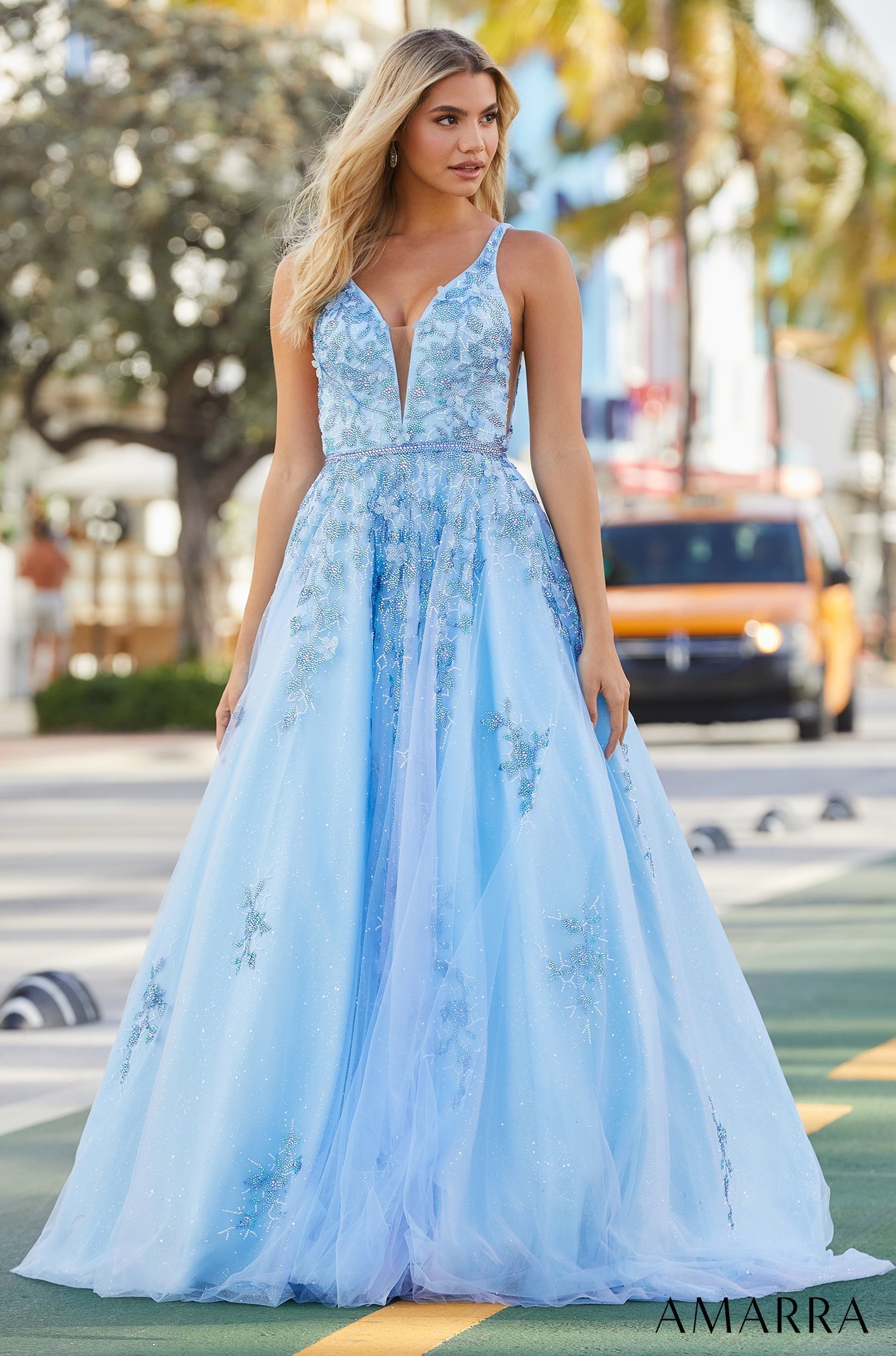 Light Blue V-Neck Floor-Length Tulle Prom Ball Gown with Appliqué Amarra 88602