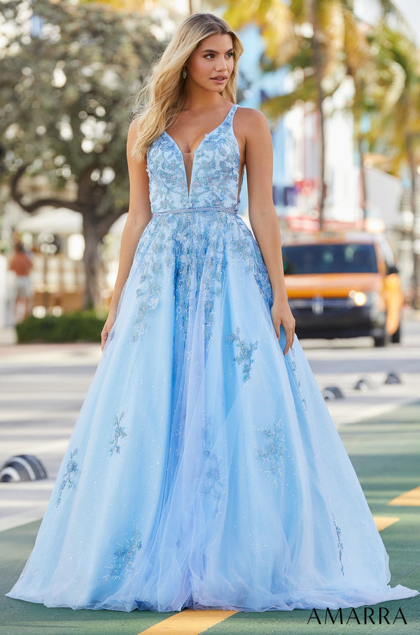 V-Neck Floor-Length Tulle Prom Ball Gown with Appliqué Amarra 88602