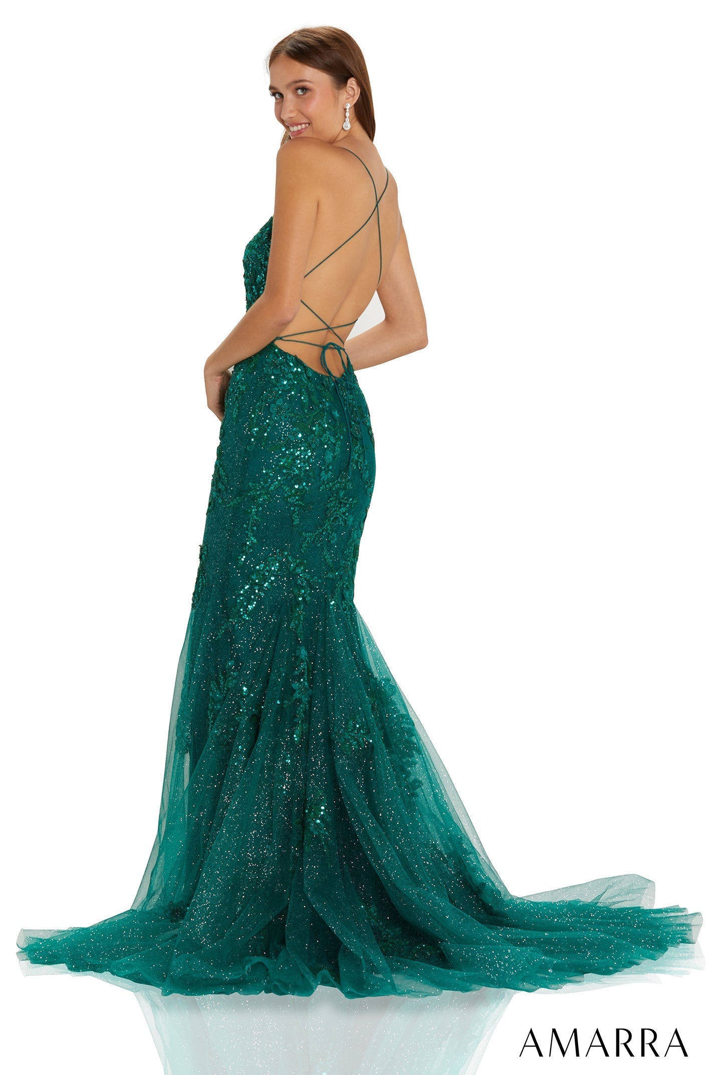 Emerald Scoop Neck Floor-Length Tulle Prom Mermaid Dress with Sequin Appliqué Amarra 88605