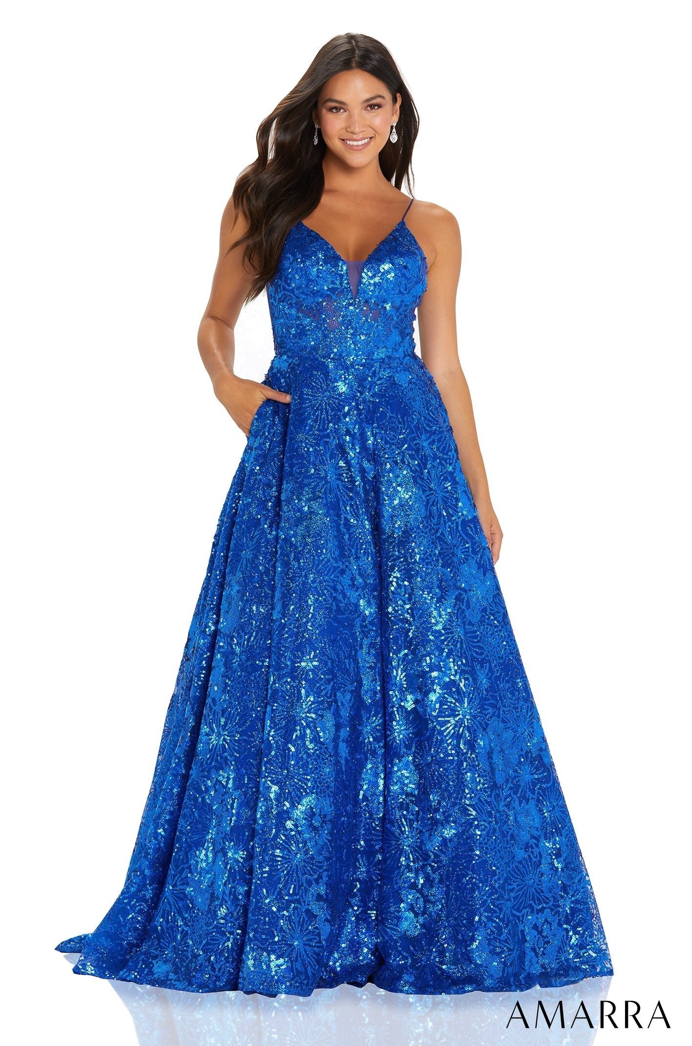 Royal Blue V-Neck Floor-Length Sequin Prom Ball Gown with Pockets Amarra 88606