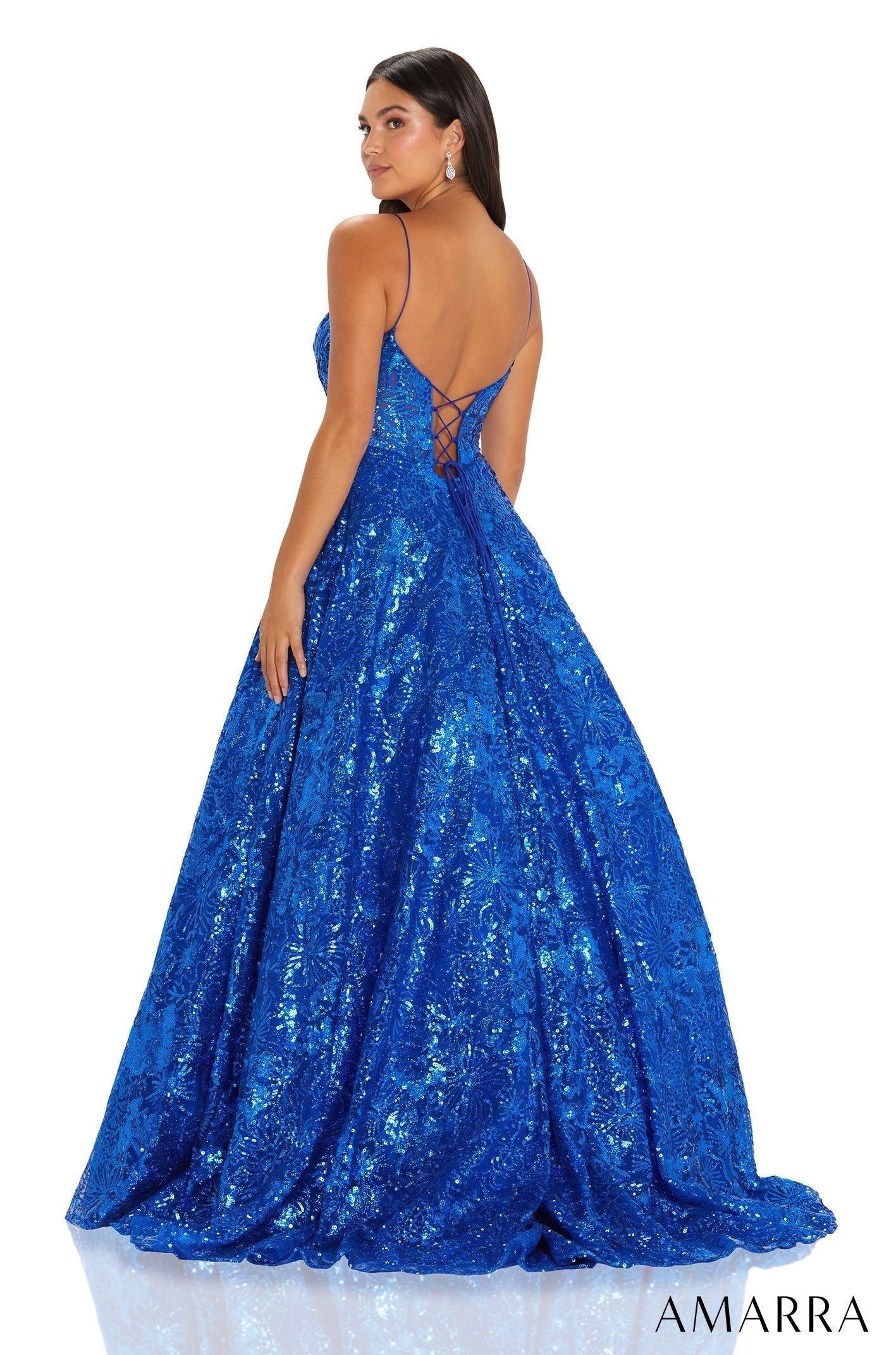 Royal Blue V-Neck Floor-Length Sequin Prom Ball Gown with Pockets Amarra 88606