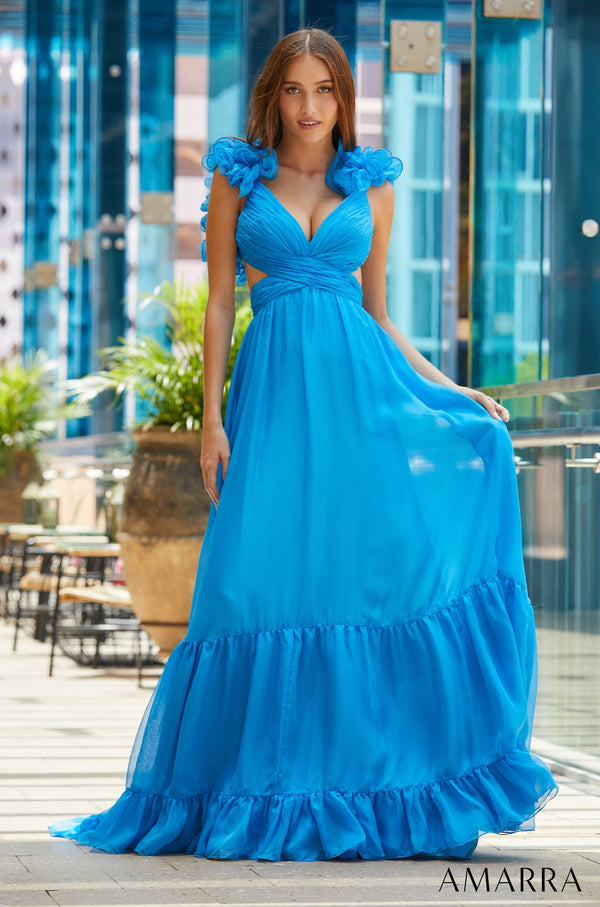 V-Neck Floor-Length Chiffon Prom A-Line Dress with Ruffle Straps Amarra 88608