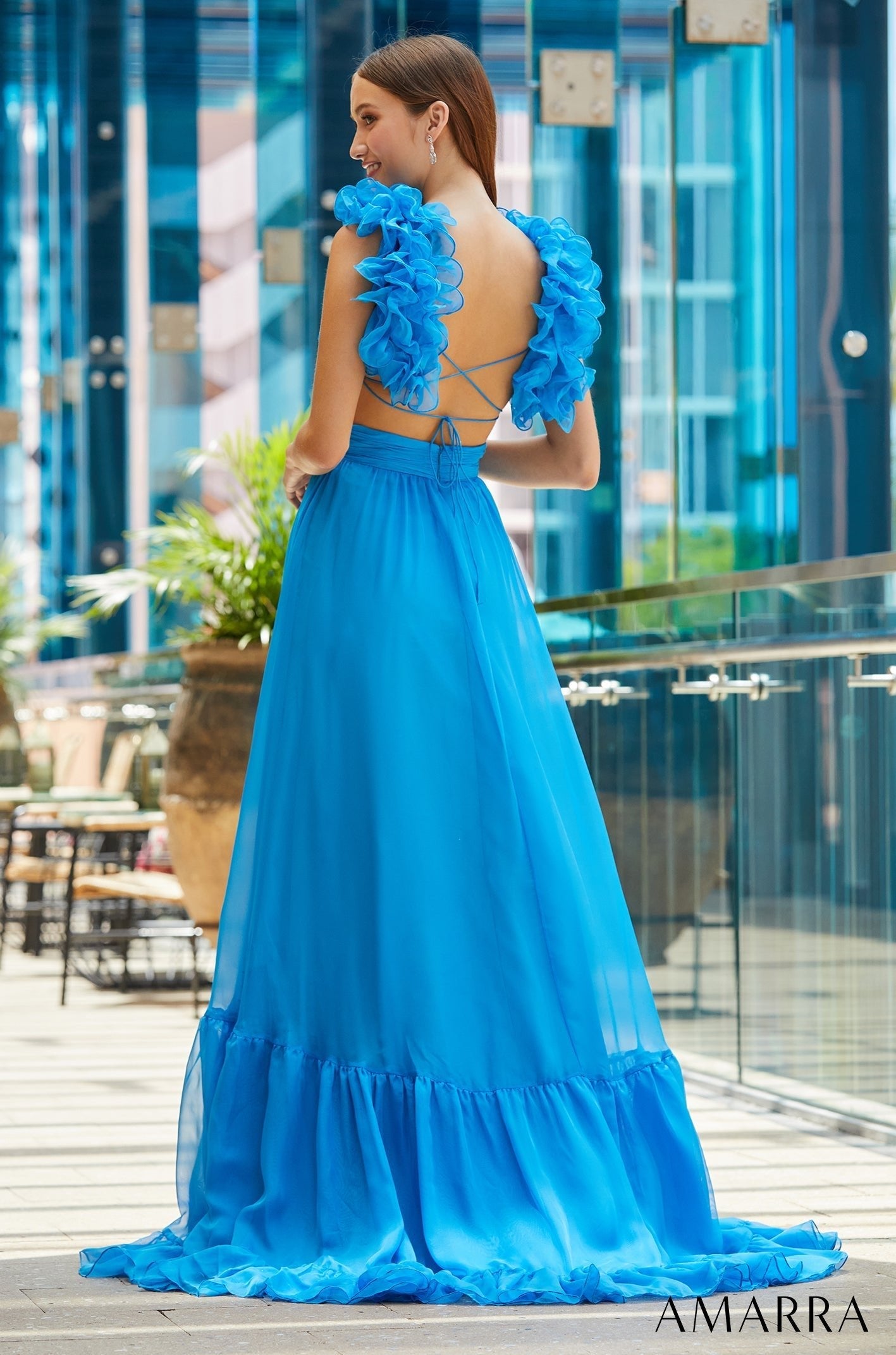 Peacock V-Neck Floor-Length Chiffon Prom A-Line Dress with Ruffle Straps Amarra 88608