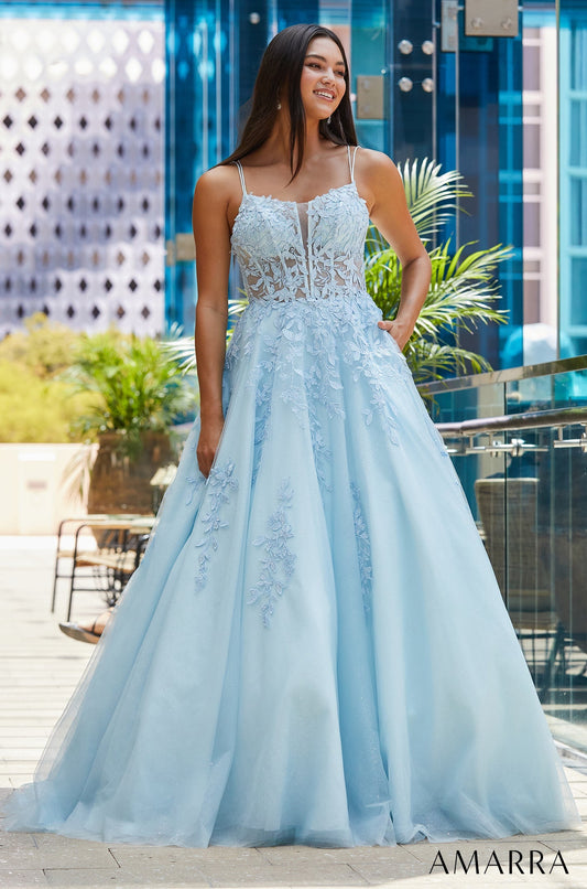 Prom Dresses Formal Long Ball Gown Beaded Lace Applique Prom Dress Light Blue