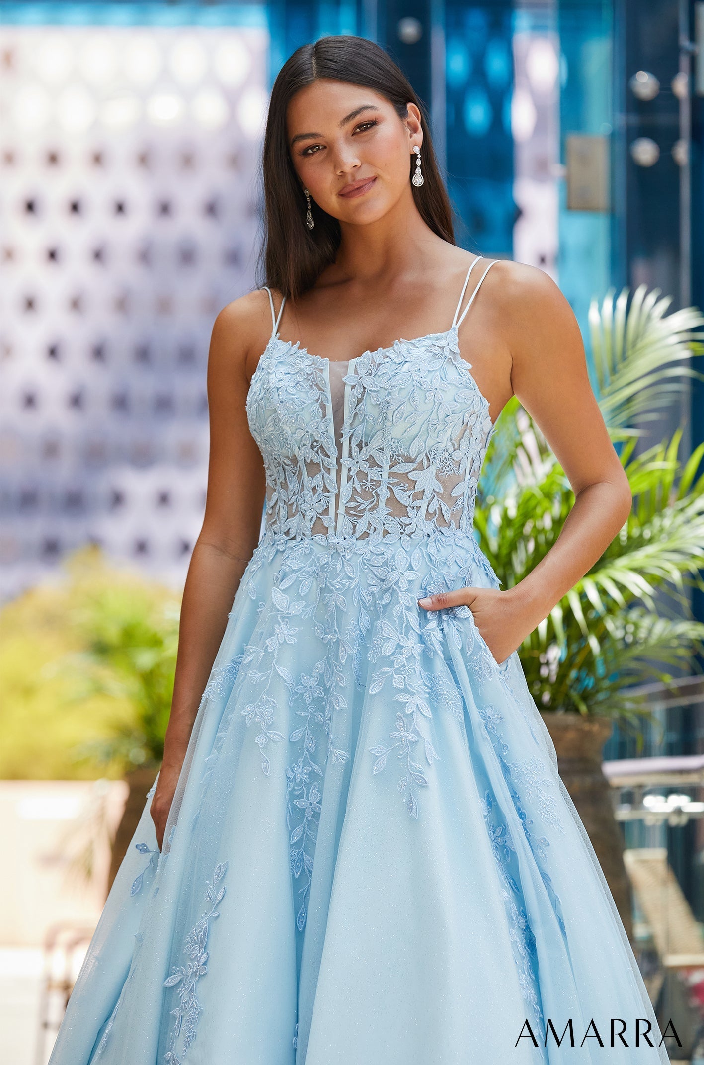 Light Blue Amarra 88609 Formal Long Ball Gown Beaded Lace Applique Prom