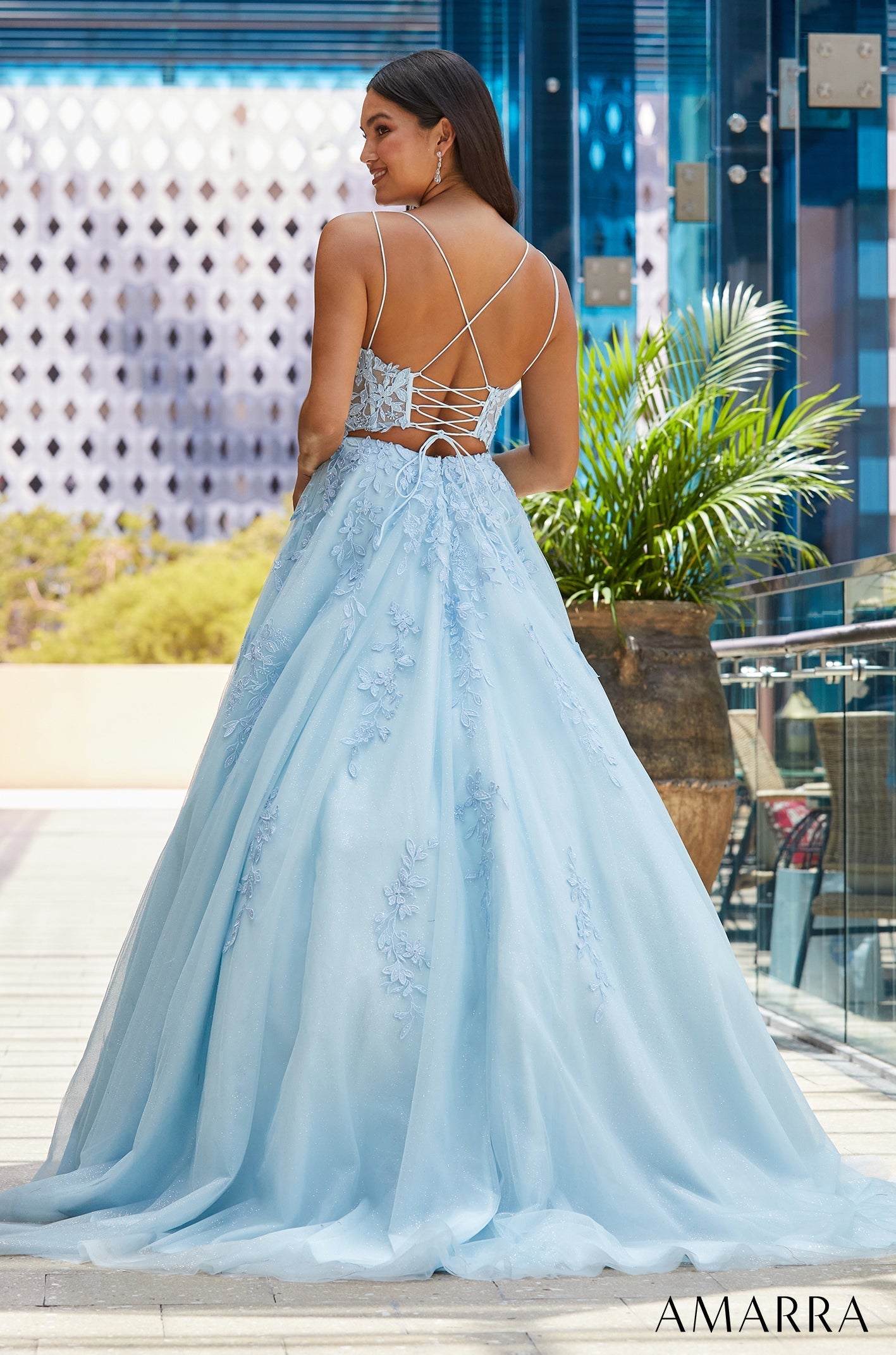Prom Dresses Formal Long Ball Gown Beaded Lace Applique Prom Dress Light Blue