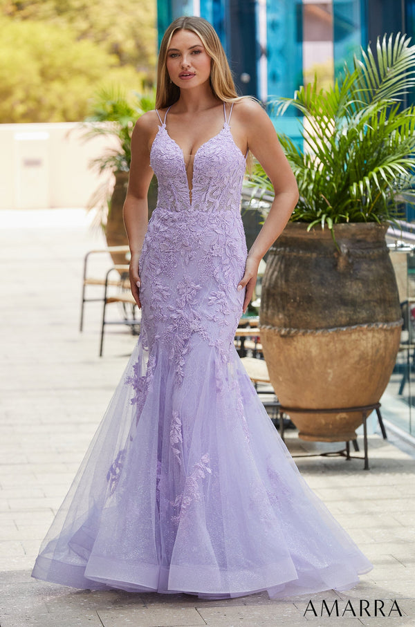 V-Neck Floor-Length Tulle Prom Mermaid Dress with Appliqué Amarra 88611