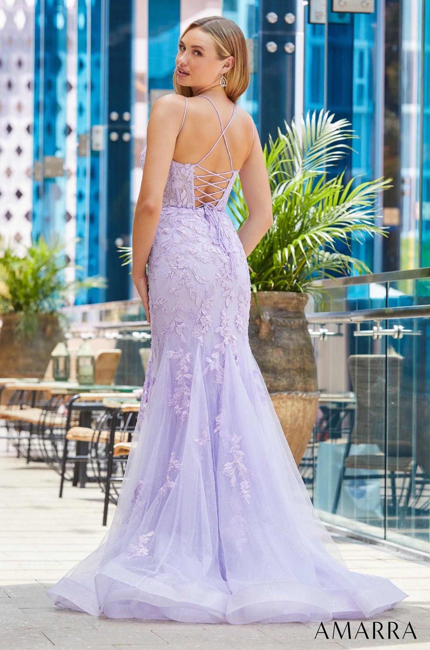 Lilac V-Neck Floor-Length Tulle Prom Mermaid Dress with Appliqué Amarra 88611