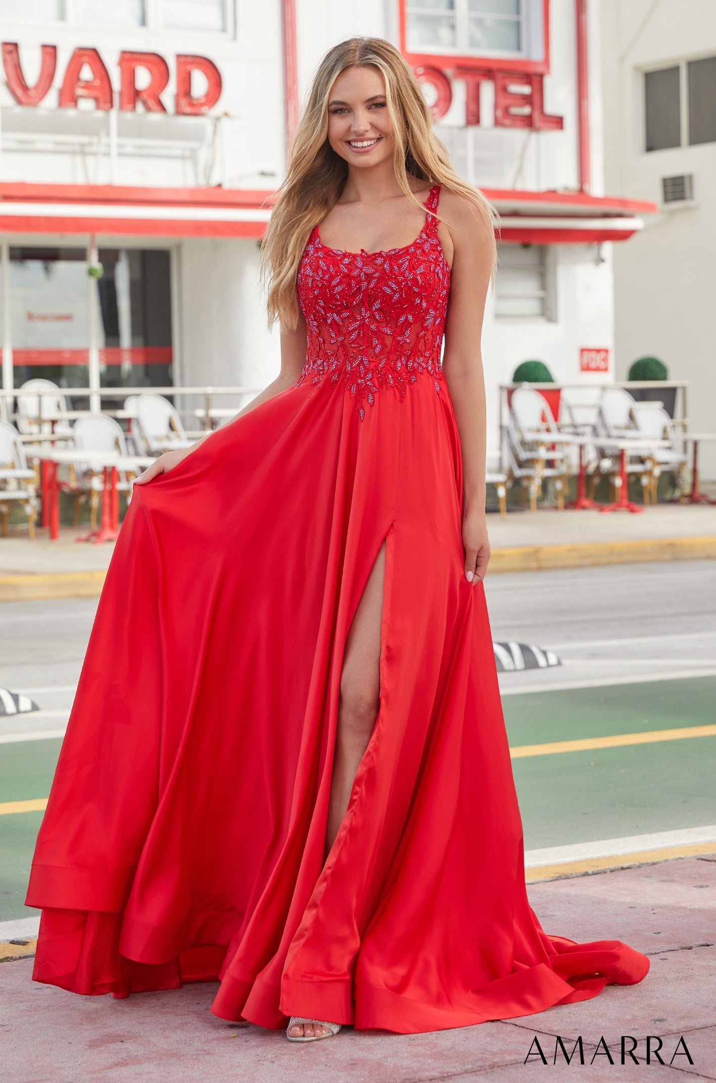 Red Scoop Neck Floor-Length Satin Prom Dress with Beaded Bodice and High Slit Amarra 88614