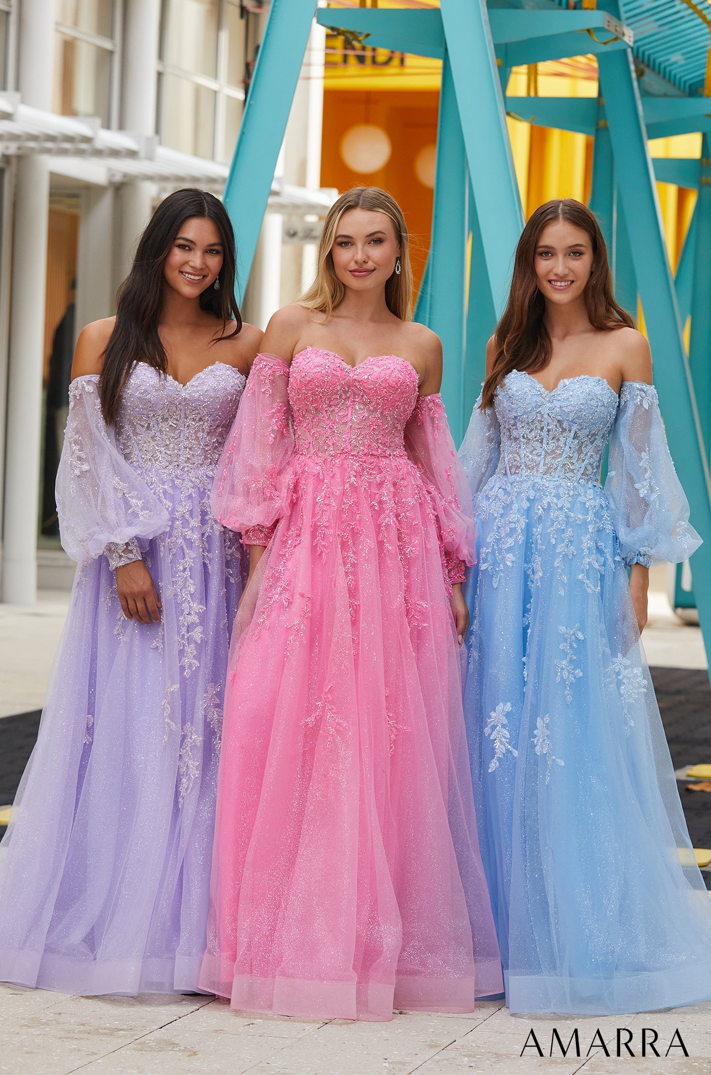 Ice Blue Sweetheart Floor-Length Glitter Tulle Prom Dress with Detachable Puff Sleeves Amarra 88616