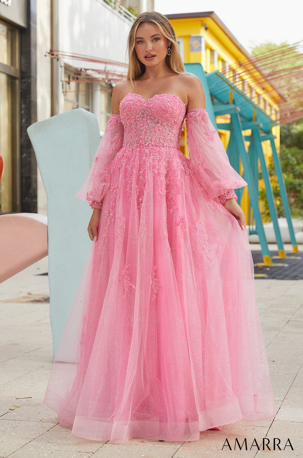 Sweetheart Floor-Length Glitter Tulle Prom Dress with Detachable Puff Sleeves Amarra 88616
