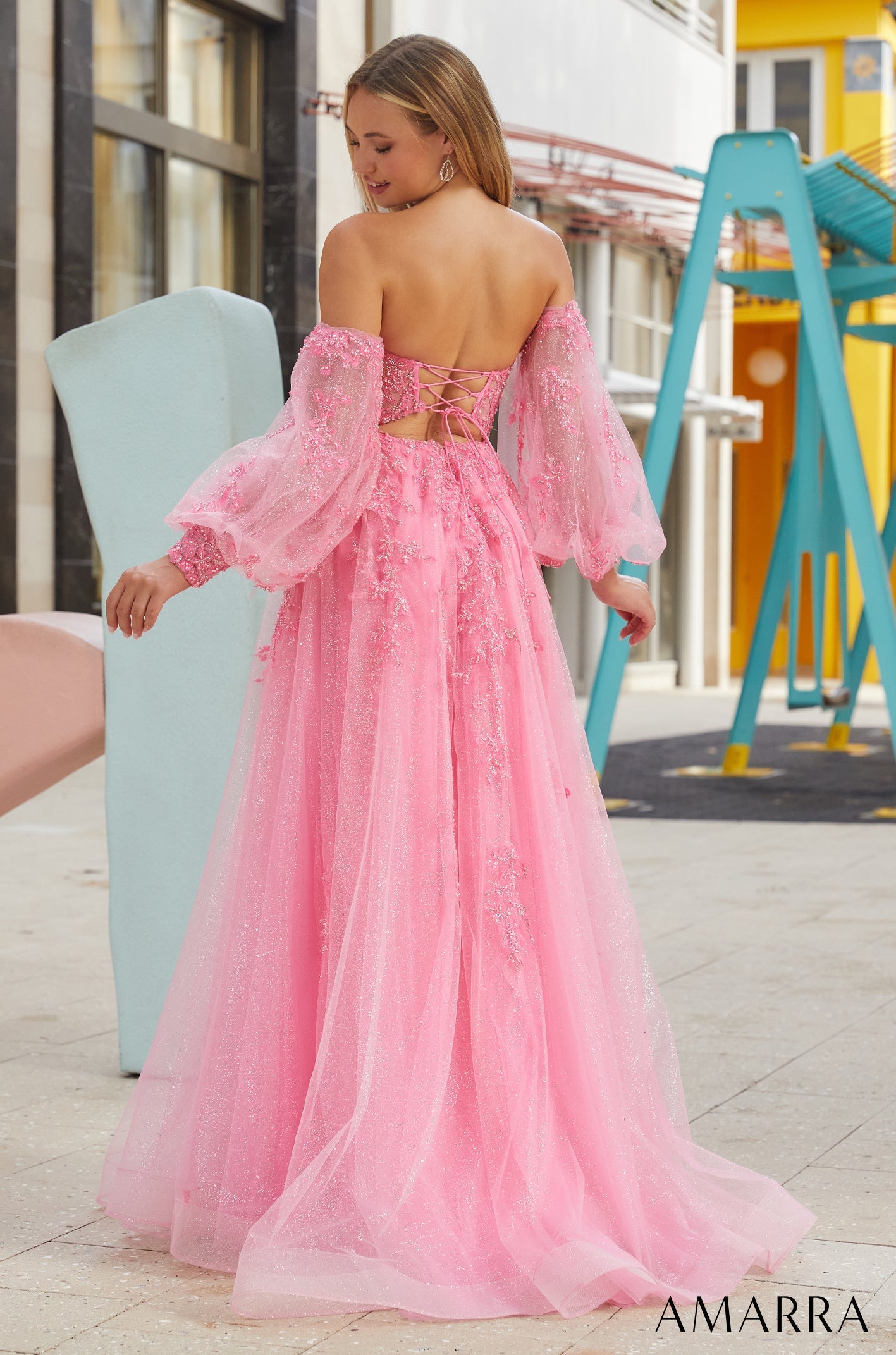 Bright Pink Sweetheart Floor-Length Glitter Tulle Prom Dress with Detachable Puff Sleeves Amarra 88616