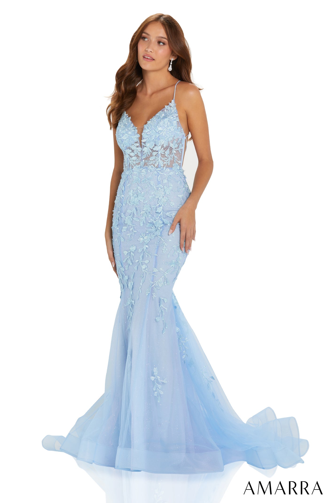 Electric Blue V-Neck Floor-Length Tulle Prom Mermaid Dress with Appliqué Amarra 88619