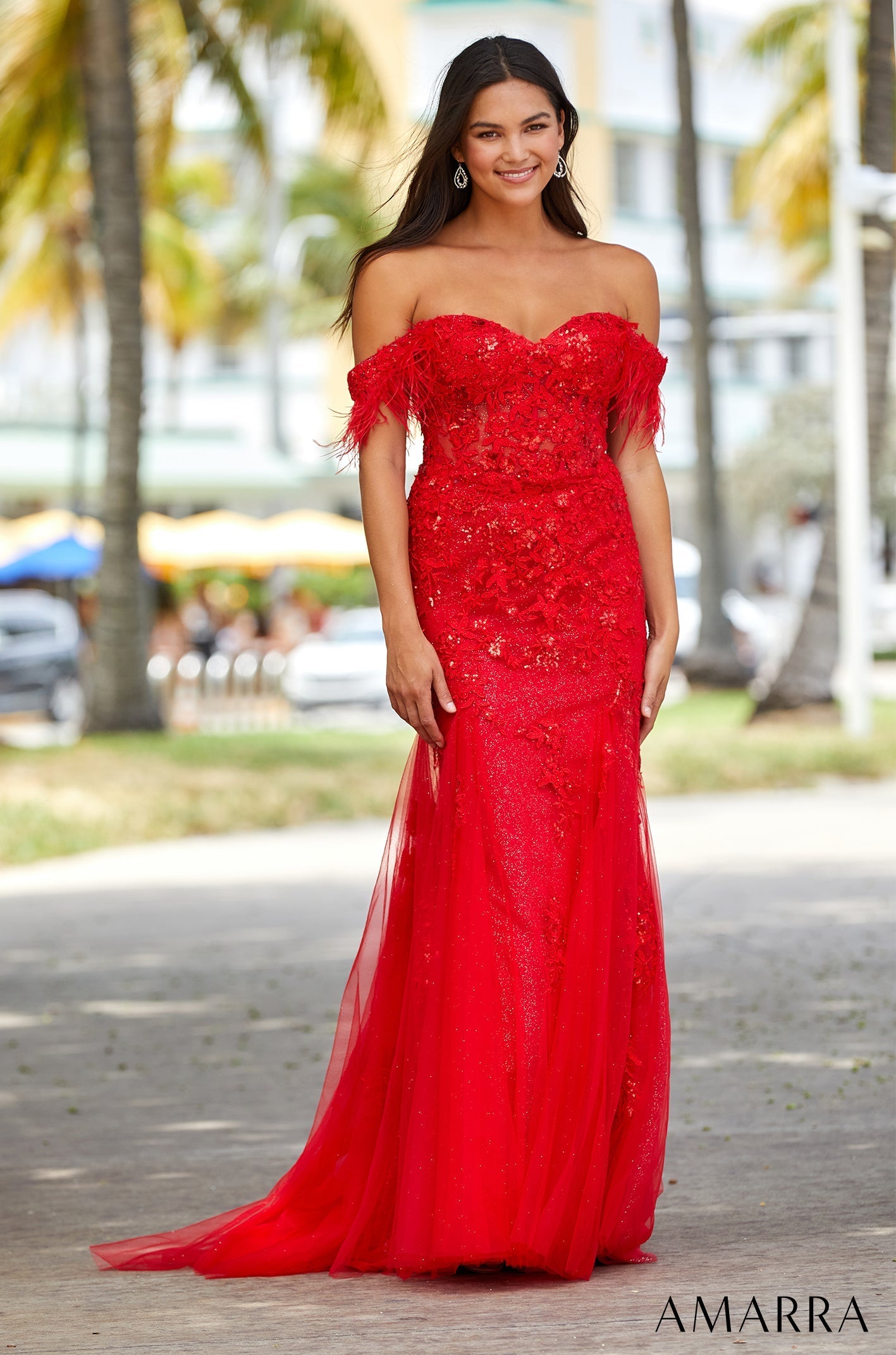Red Sweetheart Floor-Length Tulle Prom Mermaid Dress with Feather Detail Amarra 88621