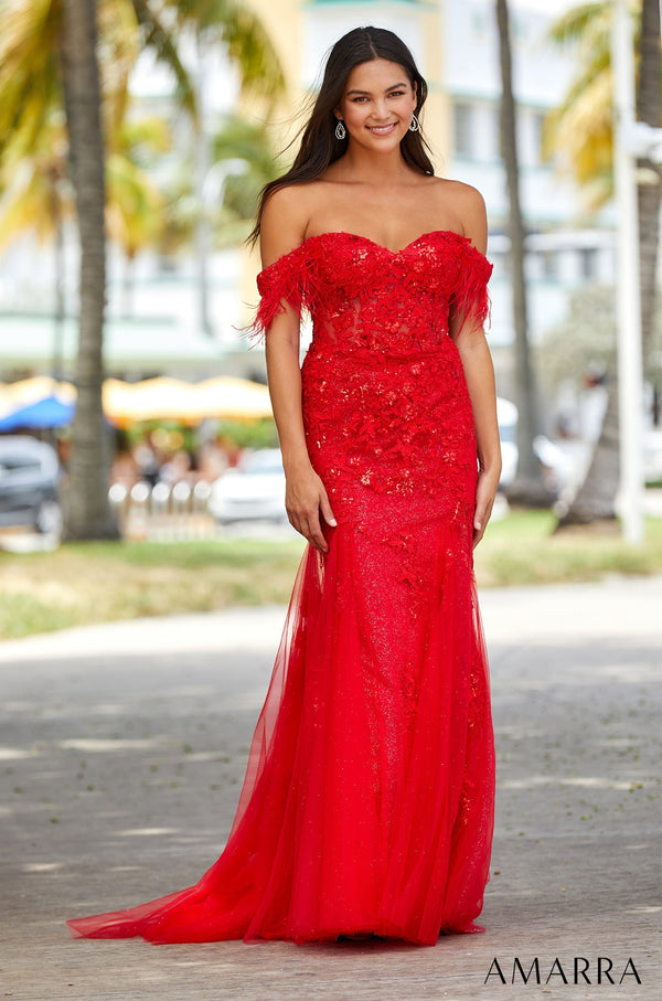 Sweetheart Floor-Length Tulle Prom Mermaid Dress with Feather Detail Amarra 88621