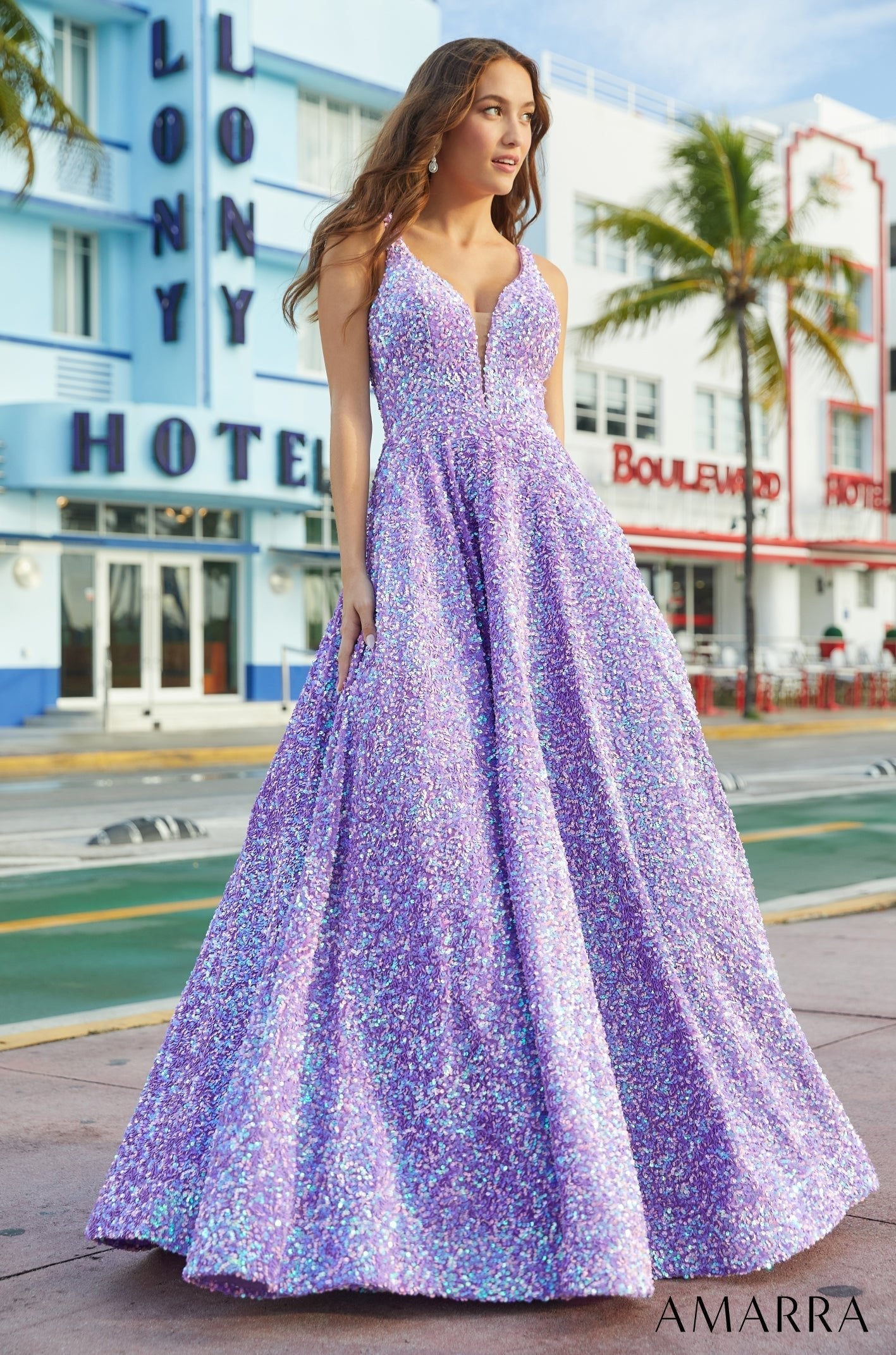 Lilac V-Neck Floor-Length Sequin Prom Ball Gown with Lace-Up Back Amarra 88625