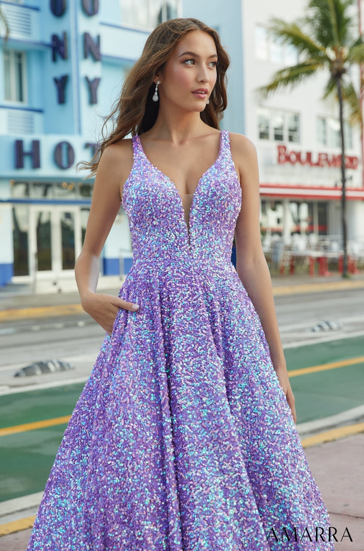 Lilac V-Neck Floor-Length Sequin Prom Ball Gown with Lace-Up Back Amarra 88625
