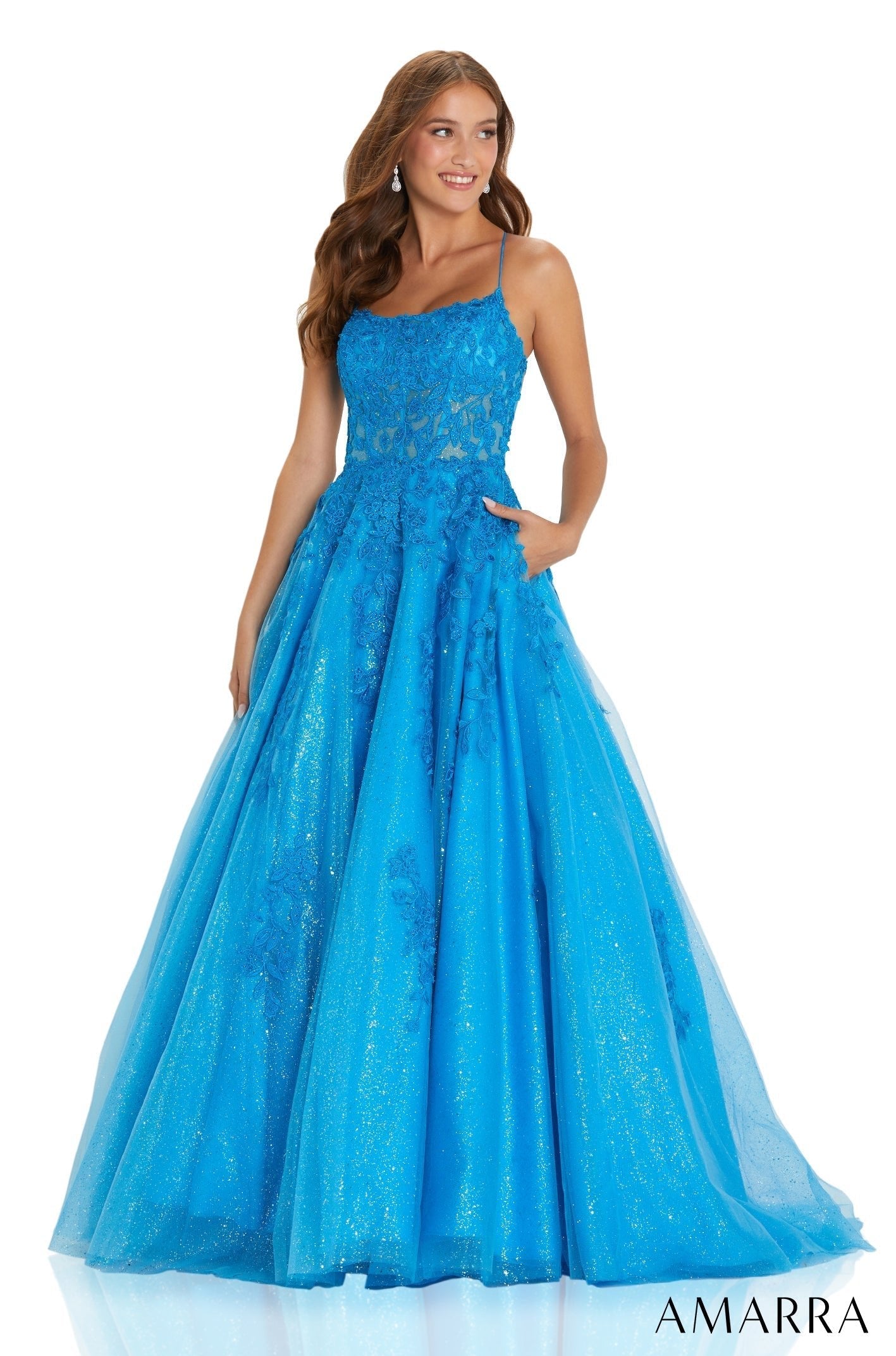 Peacock Scoop Floor-Length Tulle Prom Ball Gown with Pockets Amarra 88632