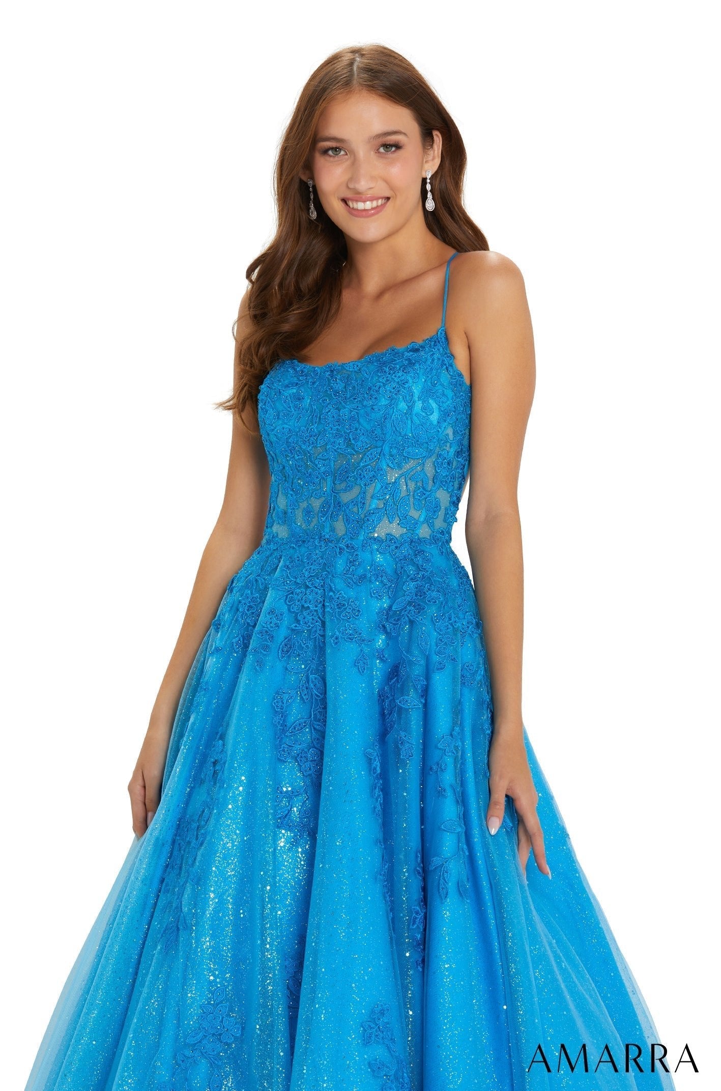 Peacock Scoop Floor-Length Tulle Prom Ball Gown with Pockets Amarra 88632