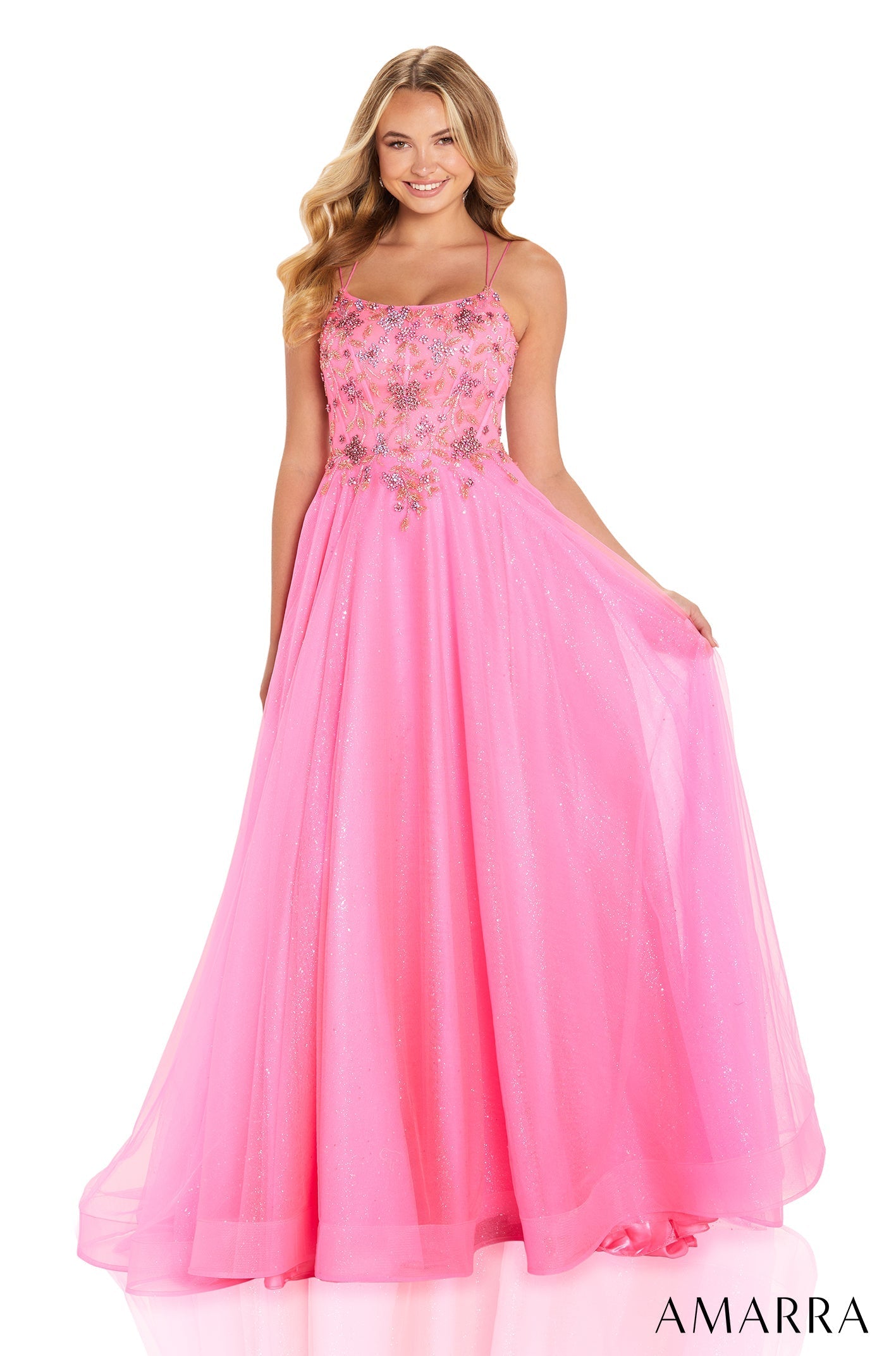 Neon Pink Scoop Neck Floor-Length Tulle Prom Dress with Floral Appliqués Amarra 88650