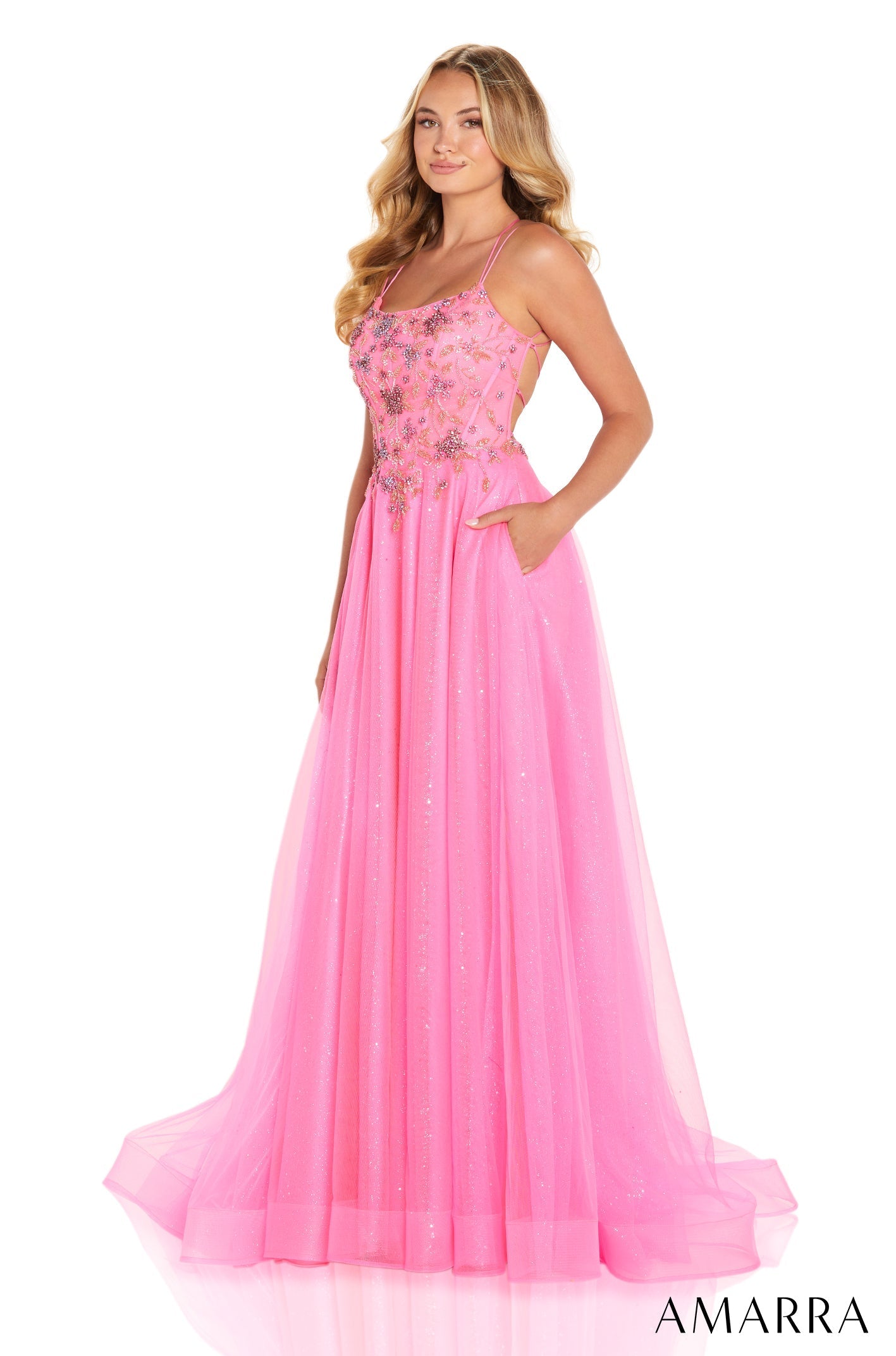 Neon Pink Scoop Neck Floor-Length Tulle Prom Dress with Floral Appliqués Amarra 88650