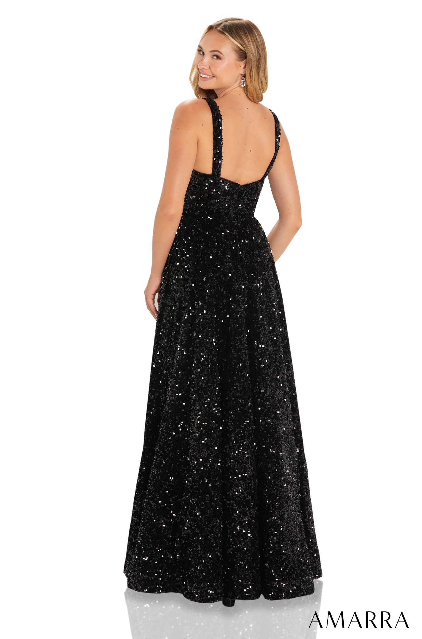 Black Square Neck Floor-Length Sequin Prom Dress with High Slit Amarra 88652