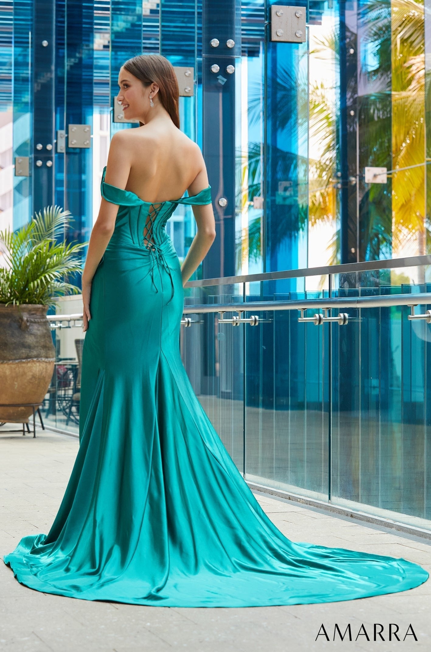 Emerald Strapless Floor-Length Satin Evening Gown with Side Slit and Lace-Up Back Amarra 88653