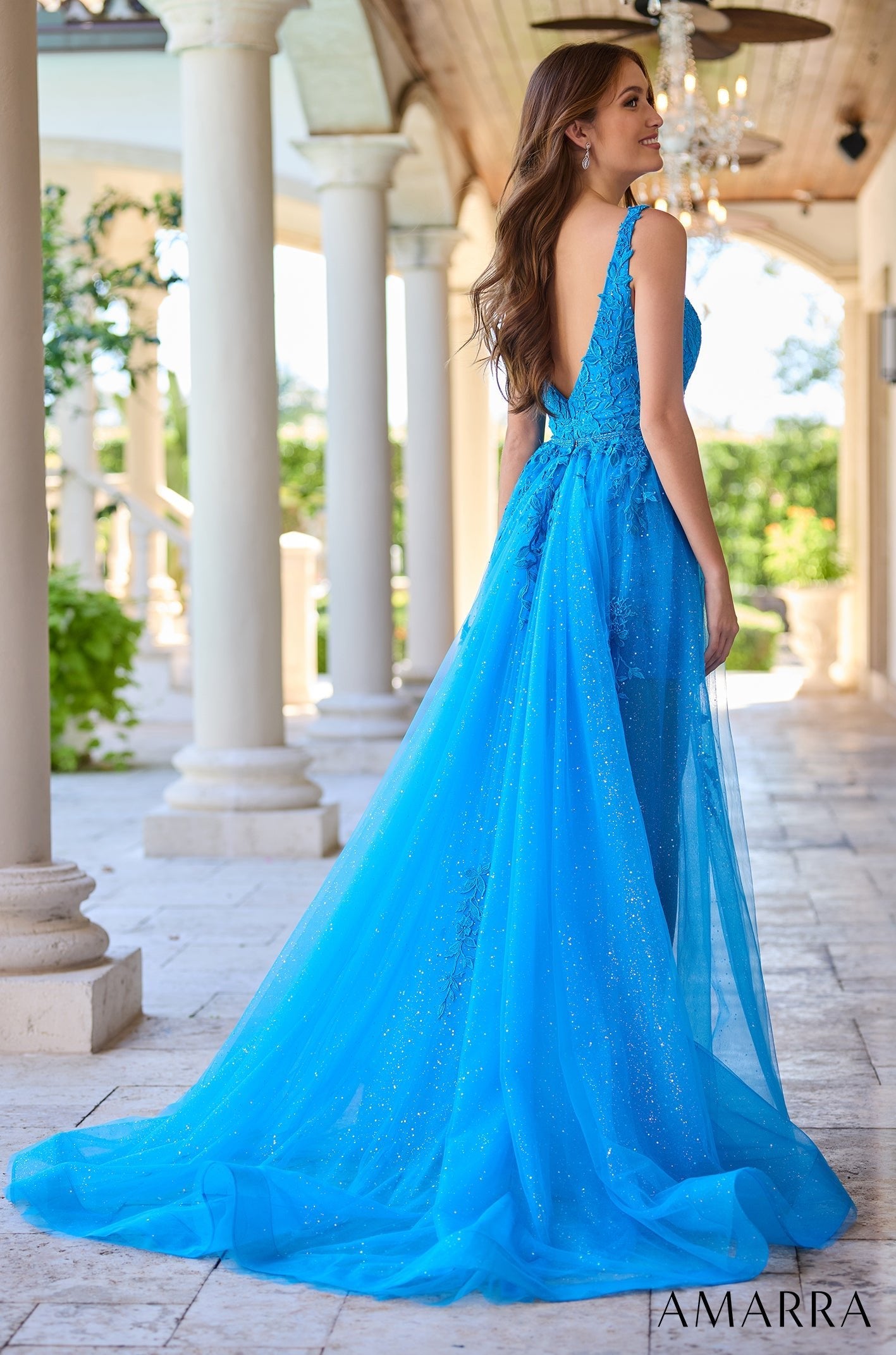 Teal Plunging V-Neck Mini Lace Prom Cocktail Dress with Removable Tulle Overskirt Amarra 88681