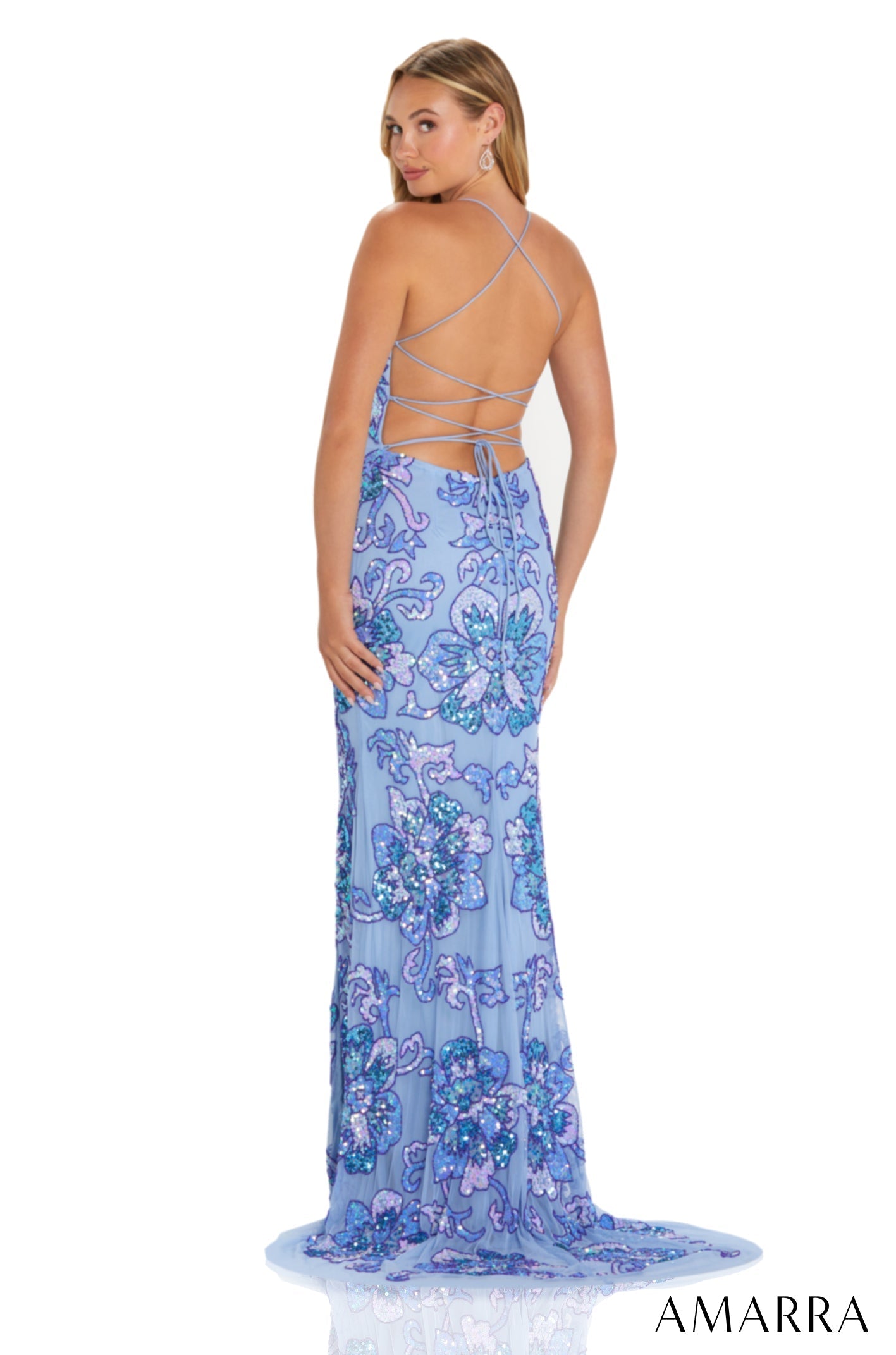 Dolphin/Multi Scoop Neck Floor-Length Sequin Prom Dress with Side Slit Amarra 94102