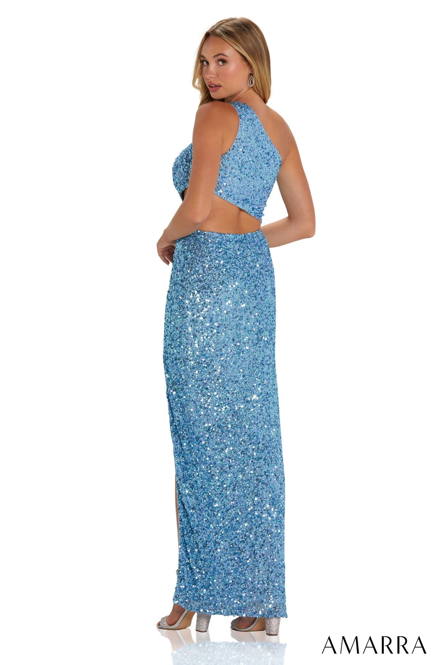 Periwinkle One-Shoulder Floor-Length Sequin Prom Dress with Side Cutout Amarra 94115