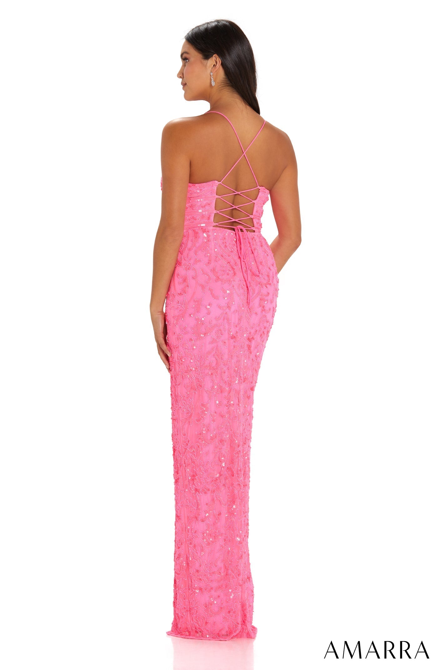 Neon Pink V-Neck Floor-Length Sequin Lace Prom Dress with High Slit Amarra 94116