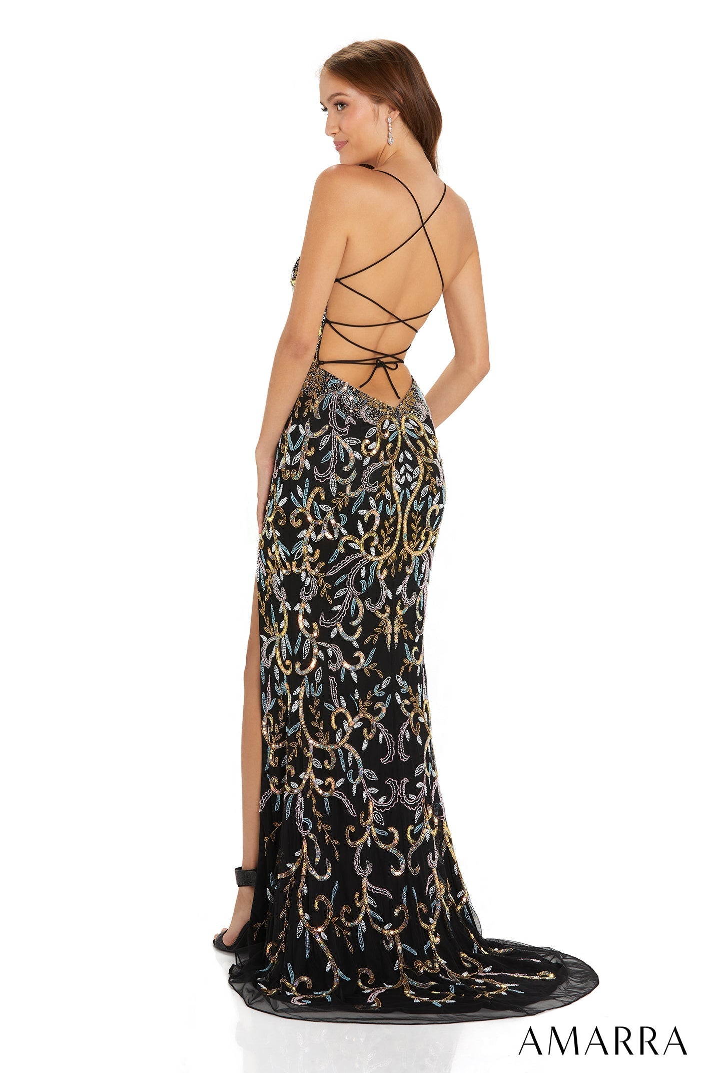 Black/Multi Scoop Neck Floor-Length Beaded Prom Dress with High Slit Amarra 94118