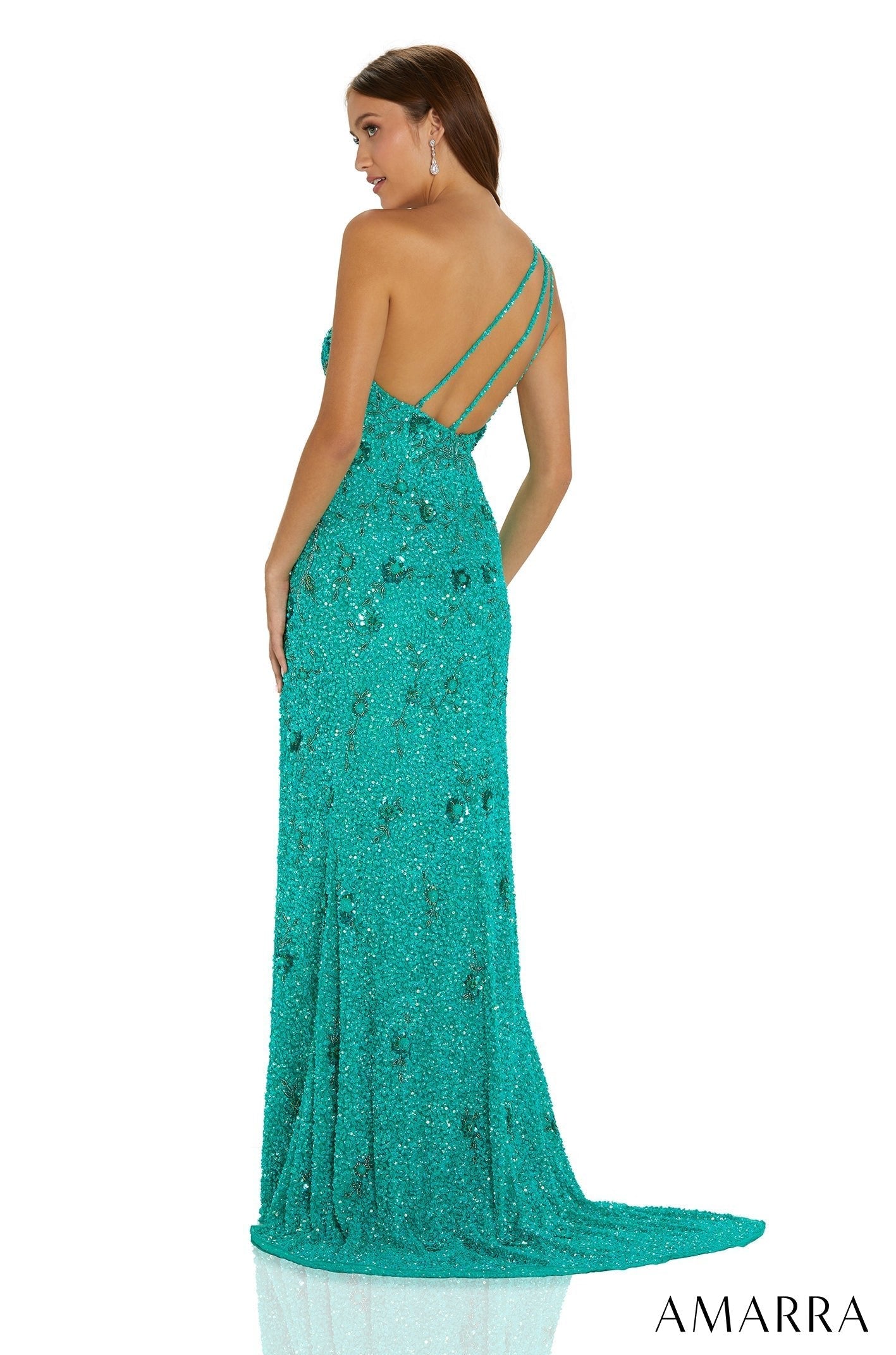 Candy Green One-Shoulder Floor-Length Sequin Prom Dress with Floral Appliqué Amarra 94121