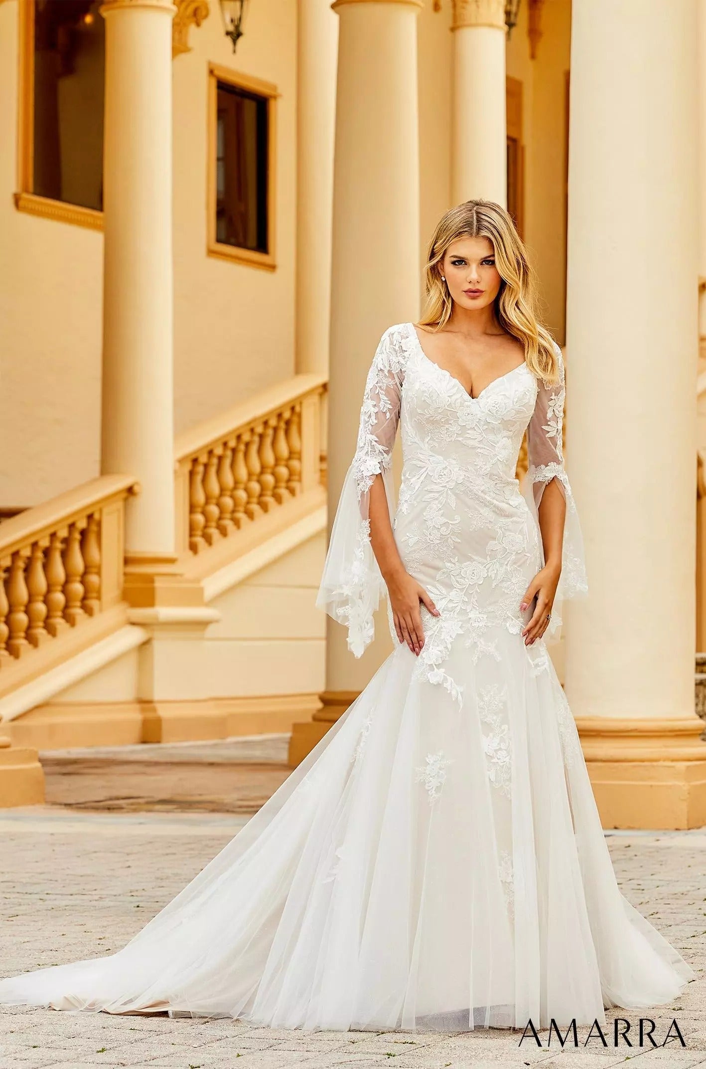 Wedding Dresses Long Lace Bridal Floral Wedding Dress Amarra 84386 Ivory/Nude