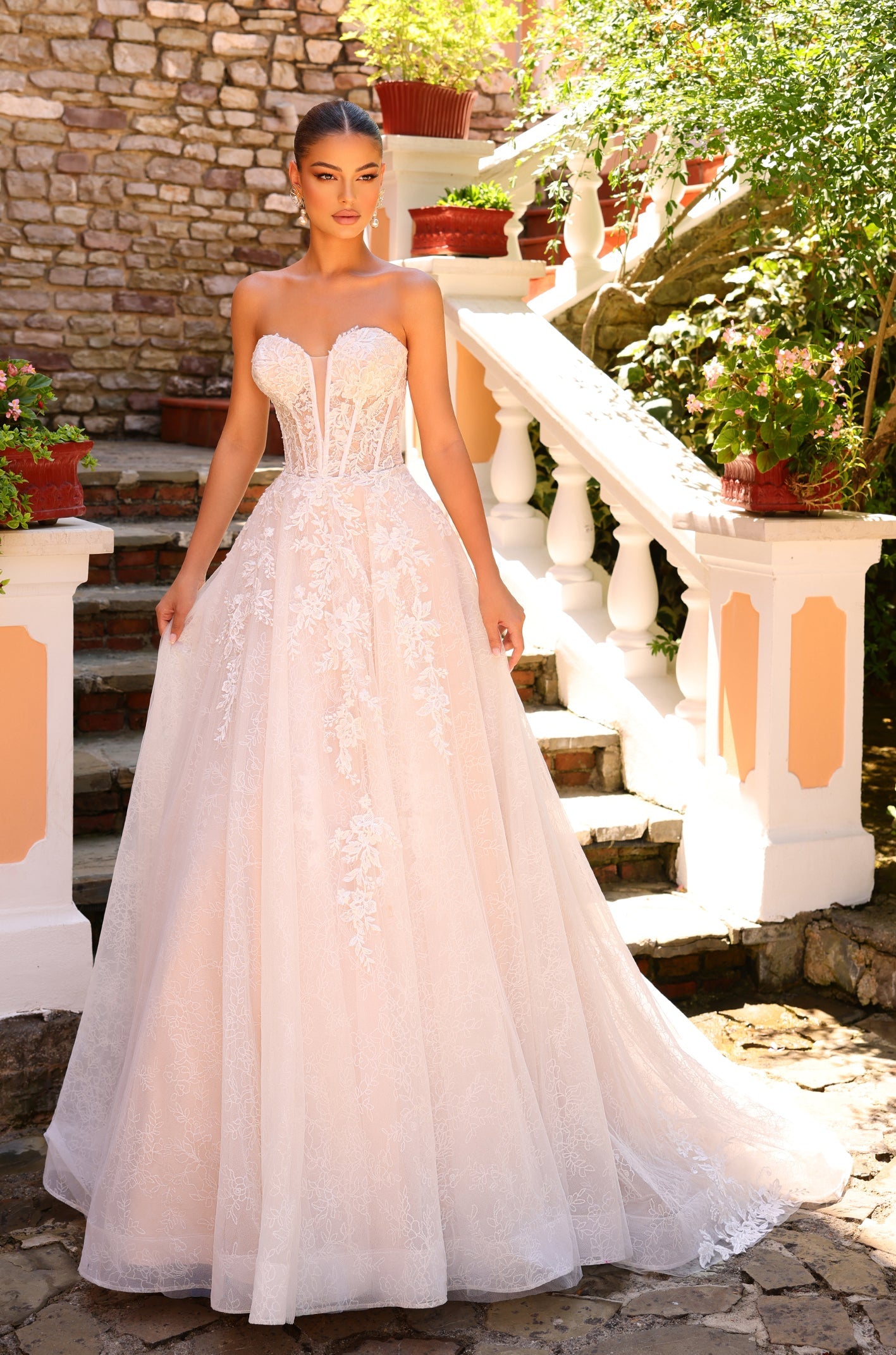 Wedding Dresses A Line Long Lace Corset Floral Wedding Dress Amarra 88203 Ivory/Nude