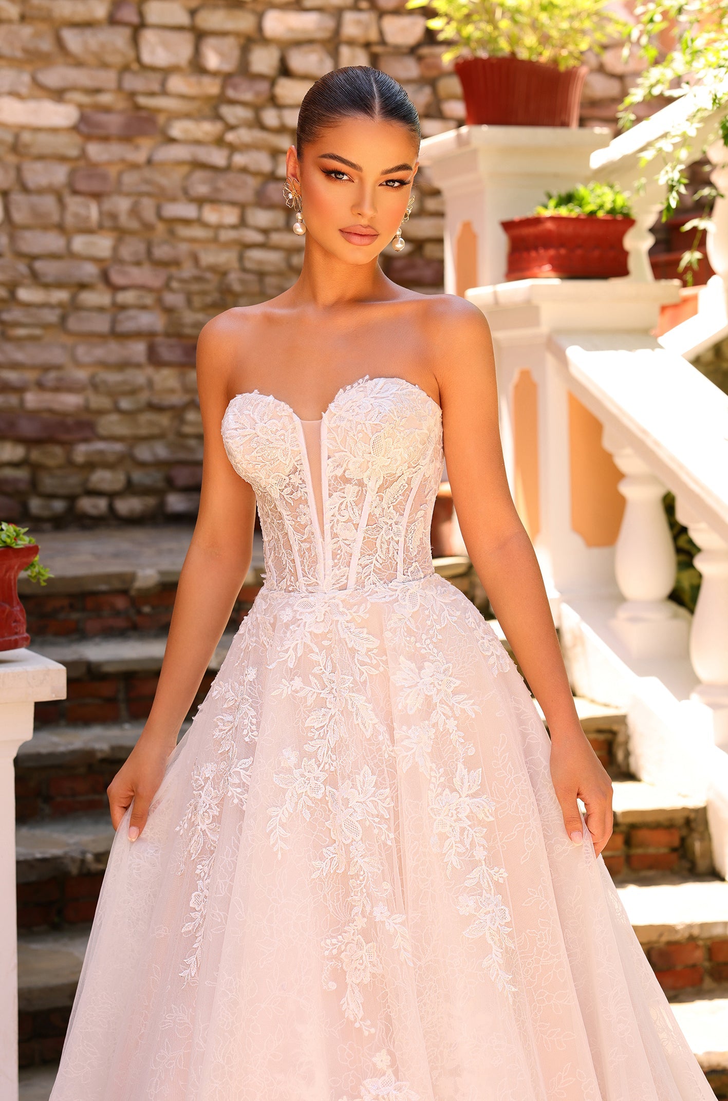 Wedding Dresses A Line Long Lace Corset Floral Wedding Dress Amarra 88203 Ivory/Nude