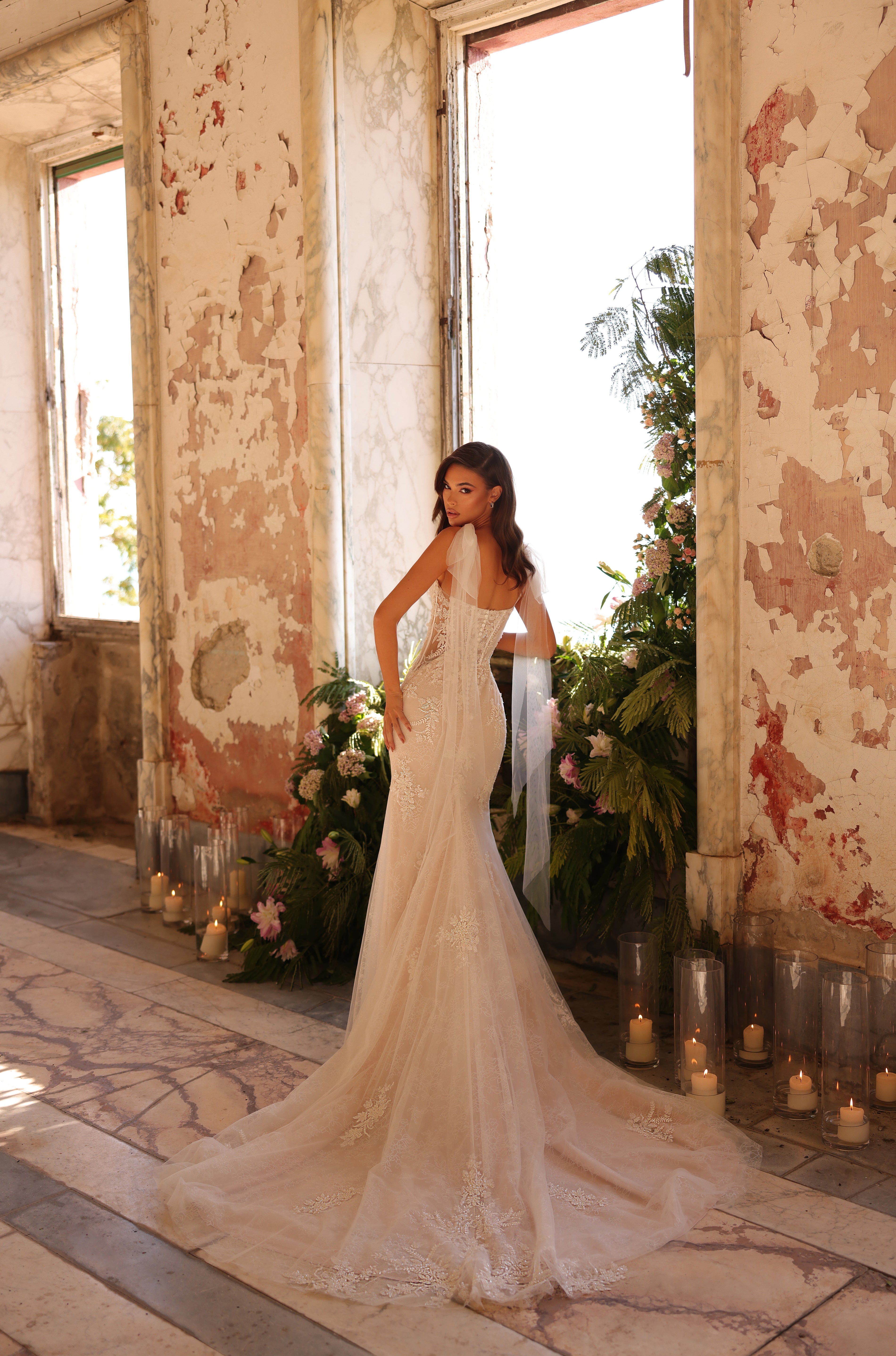 Wedding Dresses Lace Applique Long Corset Mermaid Wedding Dress Amarra 89115 Ivory/Nude