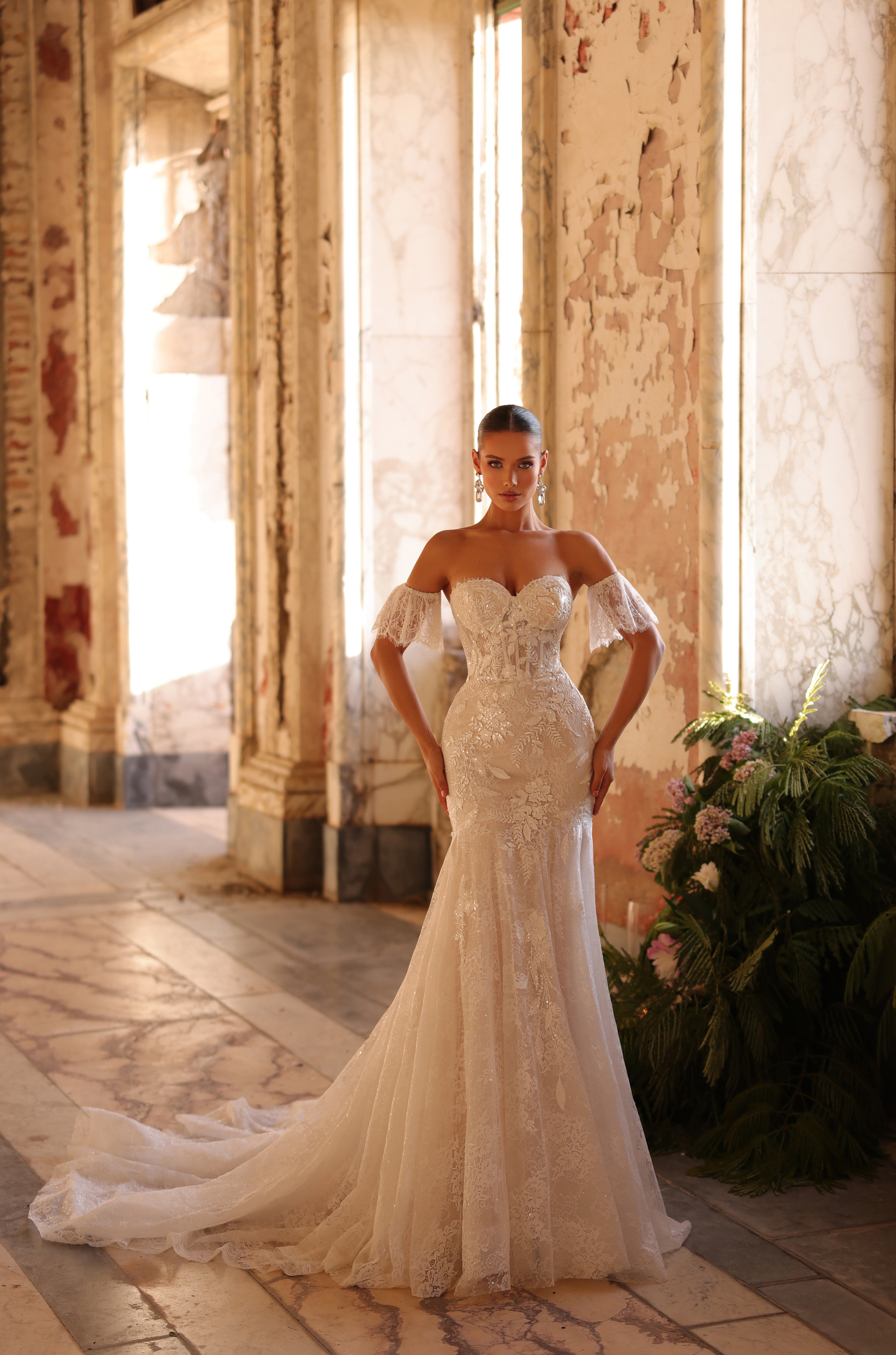Wedding Dresses Long Corset Fitted Floral Applique Wedding Dress Amarra 89103 Ivory/Nude